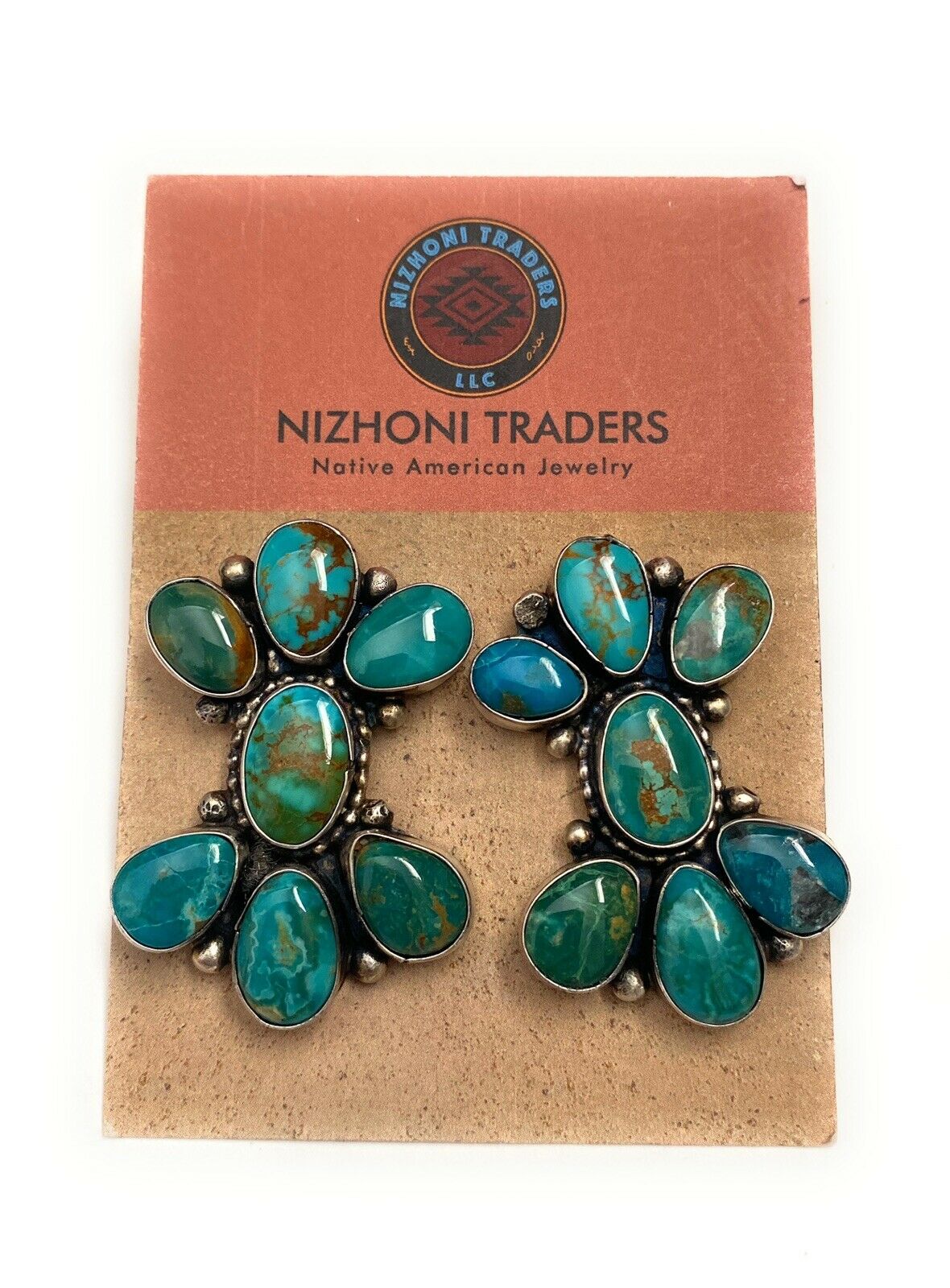 Navajo Sterling Silver & Royston Turquoise Cluster Post Earrings Signed