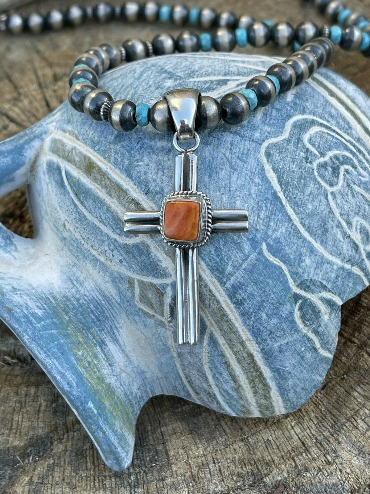 Navajo Sterling Silver & Orange Spiny Shell Cross Pendant Signed