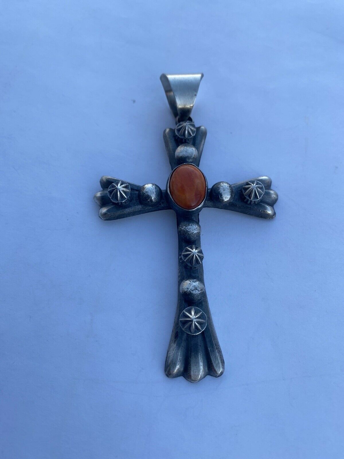 Handcrafted Sterling Silver & Orange Spiny Shell Cross Pendant Chimney Butte