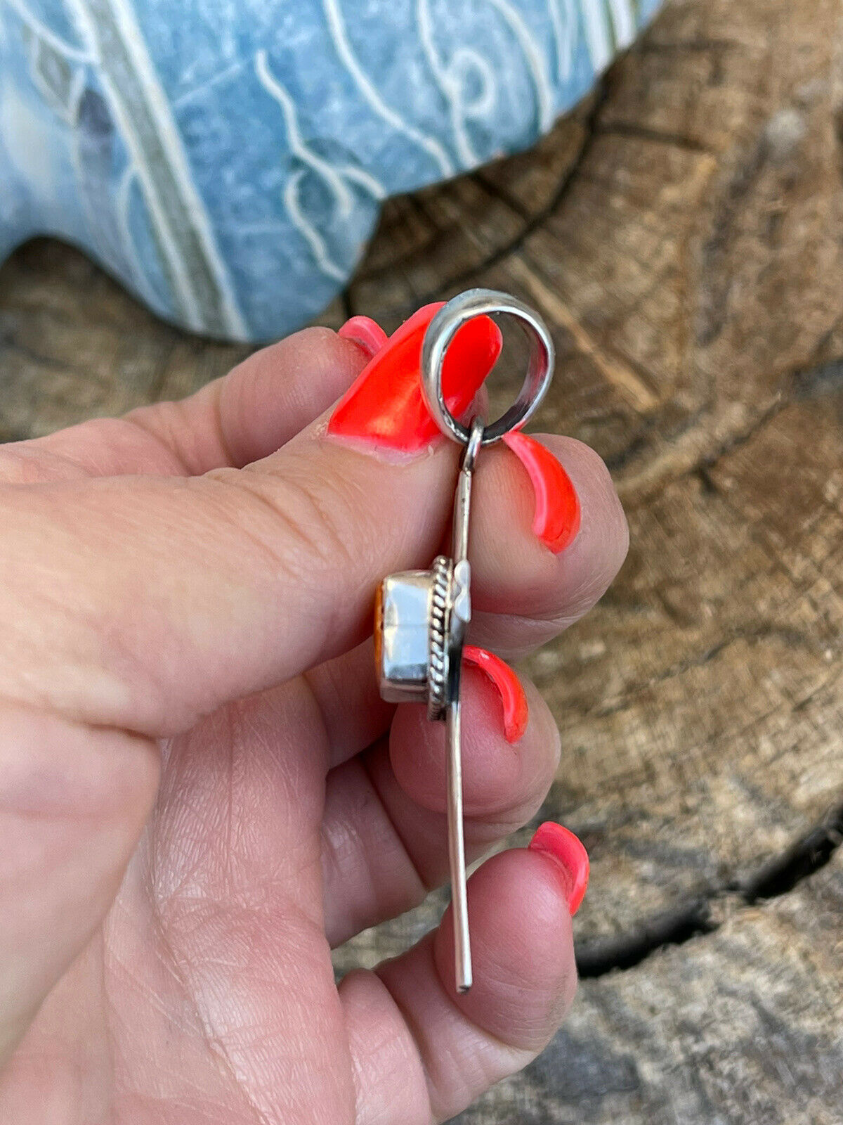 Navajo Sterling Silver & Orange Spiny Shell Cross Pendant Signed