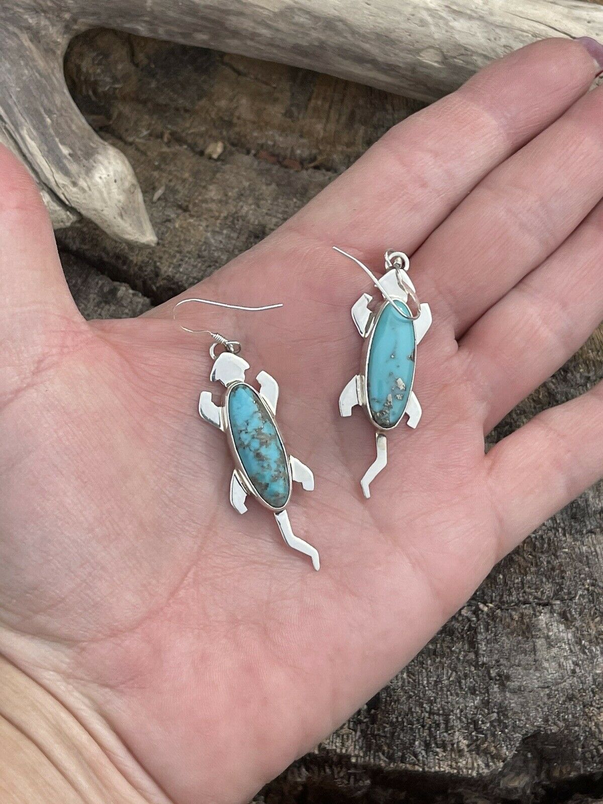 Navajo Sterling Silver Turquoise Stone Gecko Dangle Earrings Signed