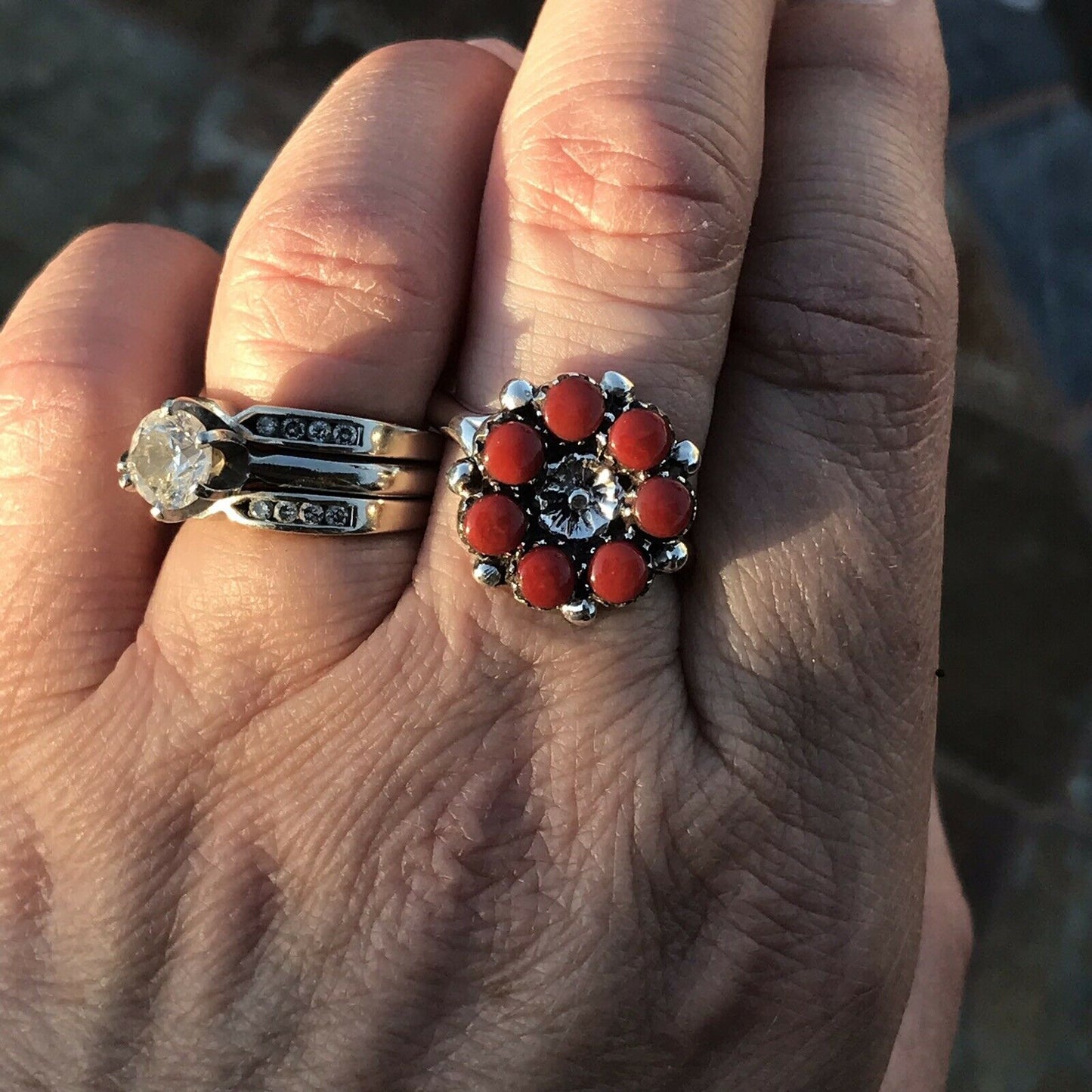 Handcrafted Coral & Sterling Silver Cuff Bracelet And Ring Set Signed And Stamped