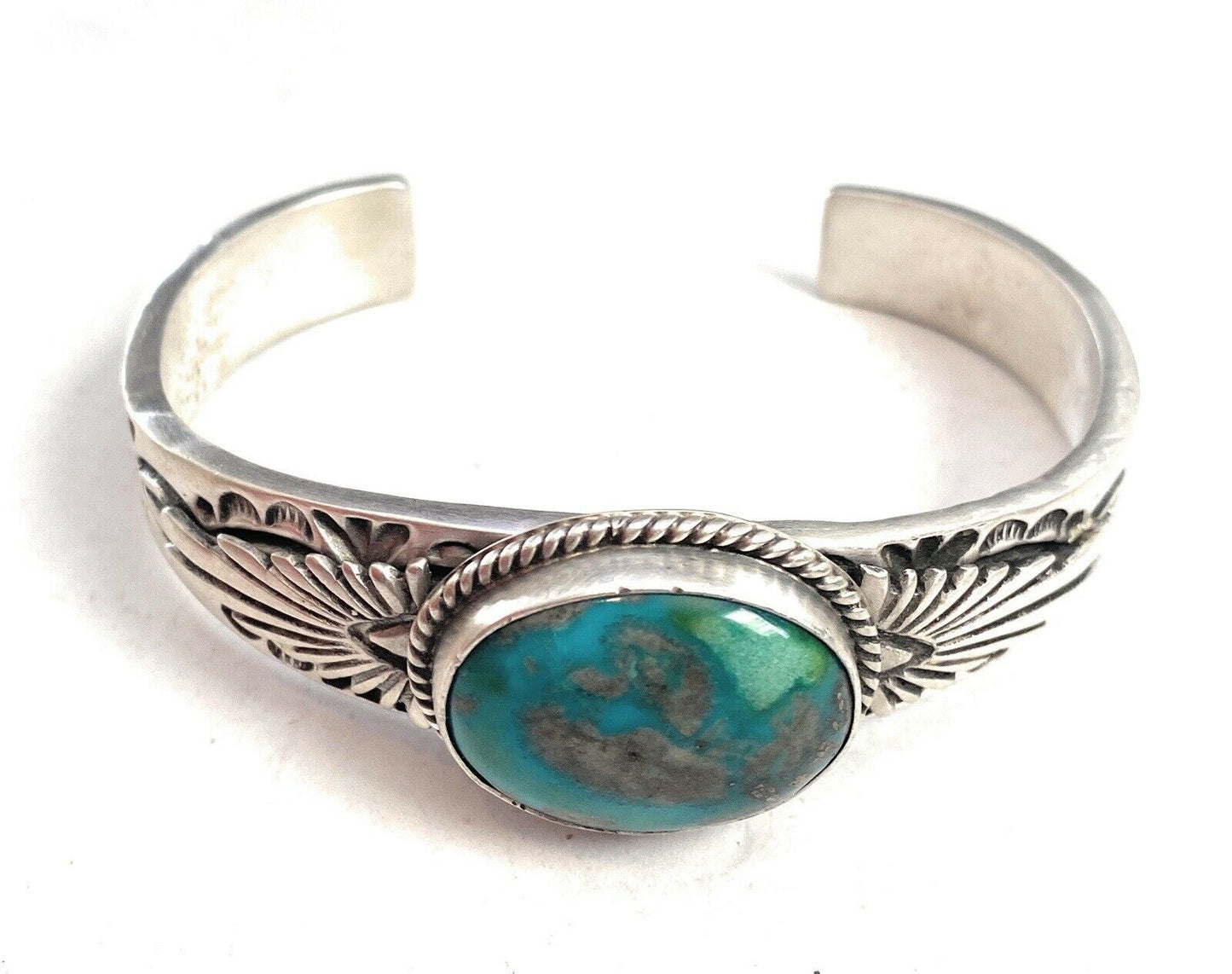 Handcrafted Sterling Silver & Royston Turquoise Cuff Bracelet Signed