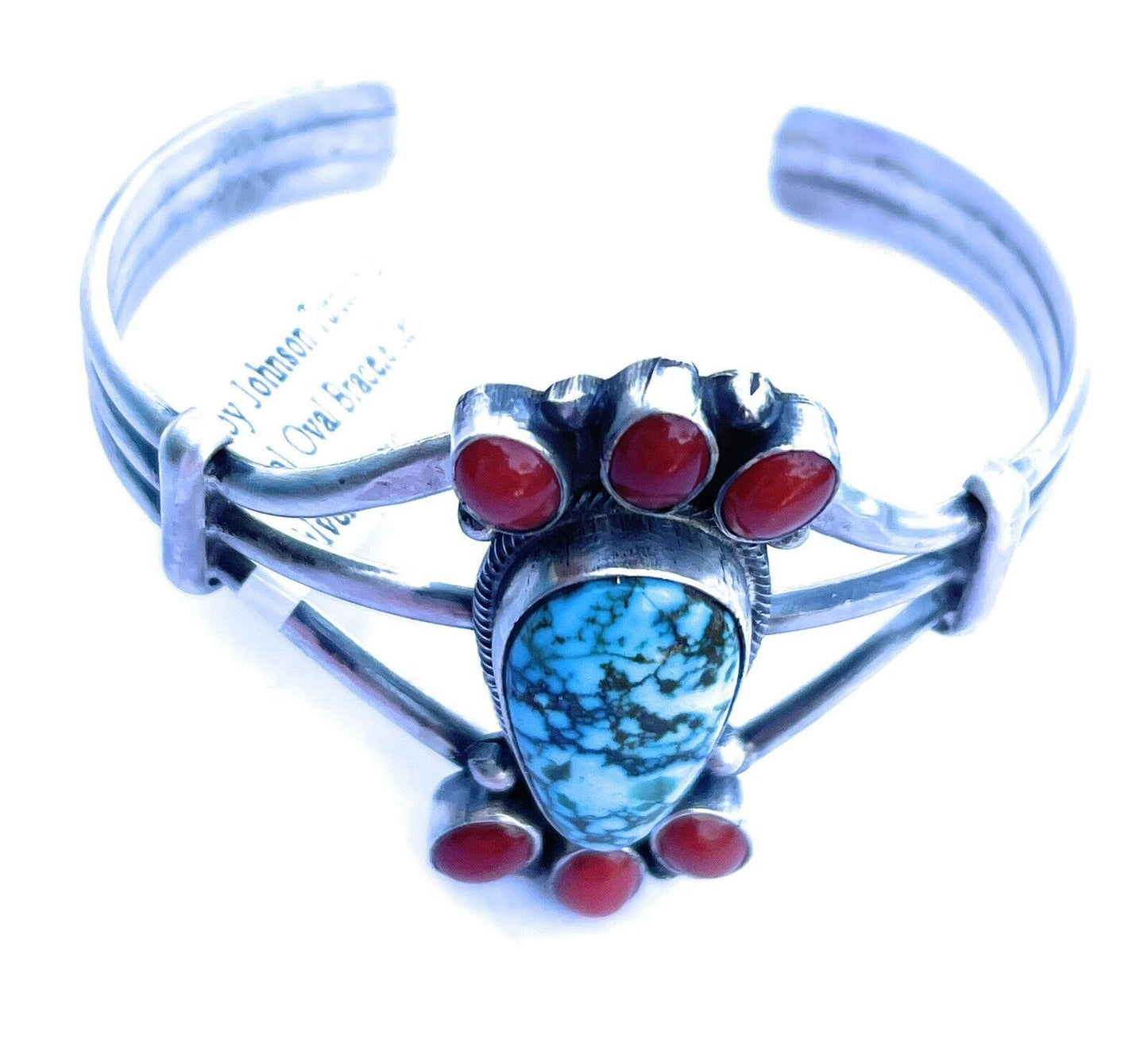 Handcrafted Sterling Kingman Web Turquoise & Red Coral Taos Bracelet Cuff by Bobby Johnson /