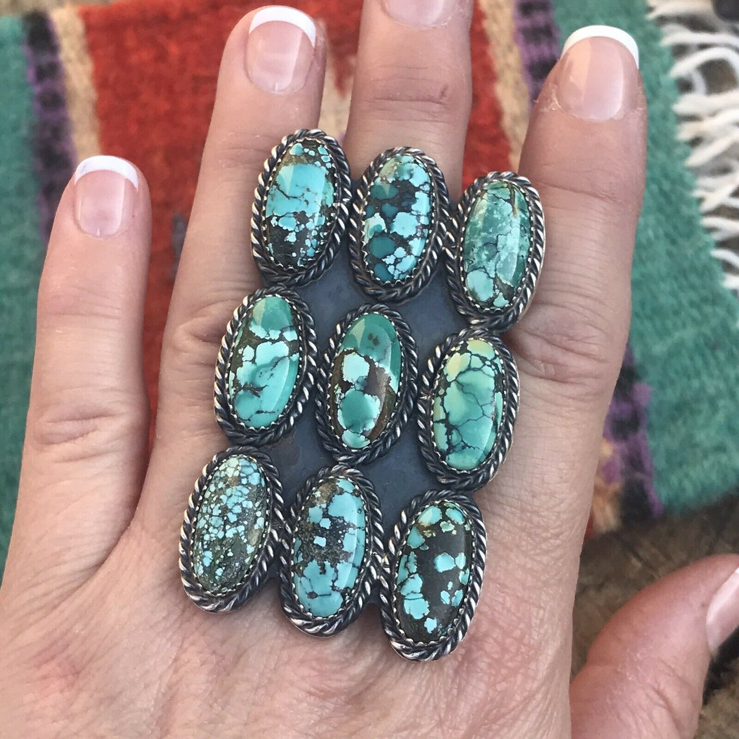 Handcrafted Tibetan Turquoise Sterling Silver Statement Ring Sz 8.5 Kevin Billah