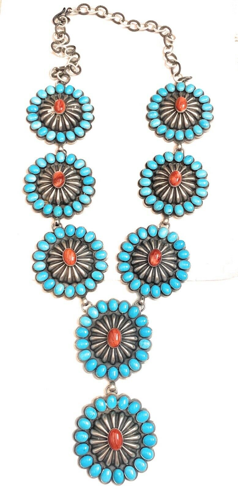 Handcrafted Amazing Spiny Oyster, Kingman Turquoise & Sterling Silver Lariat Necklace by Gilbert Platero