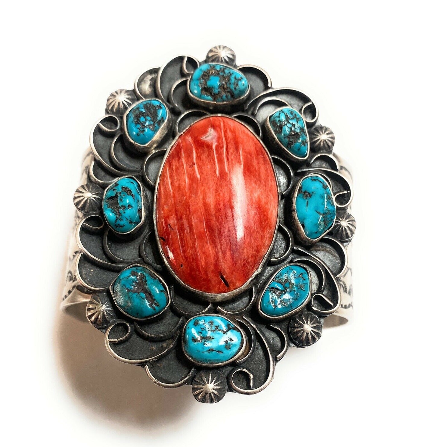 Handcrafted Turquoise, Orange Spiny & Sterling Silver Cuff Bracelet Signed /