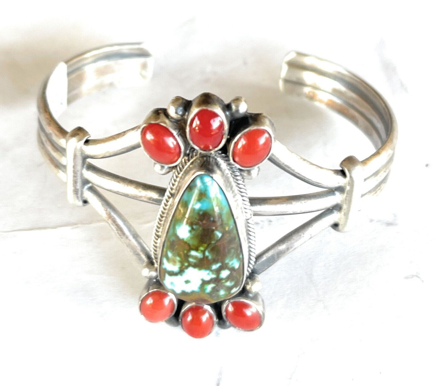 Handcrafted Sterling Kingman Web Turquoise & Red Coral Taos Bracelet Cuff by Bobby Johnson /