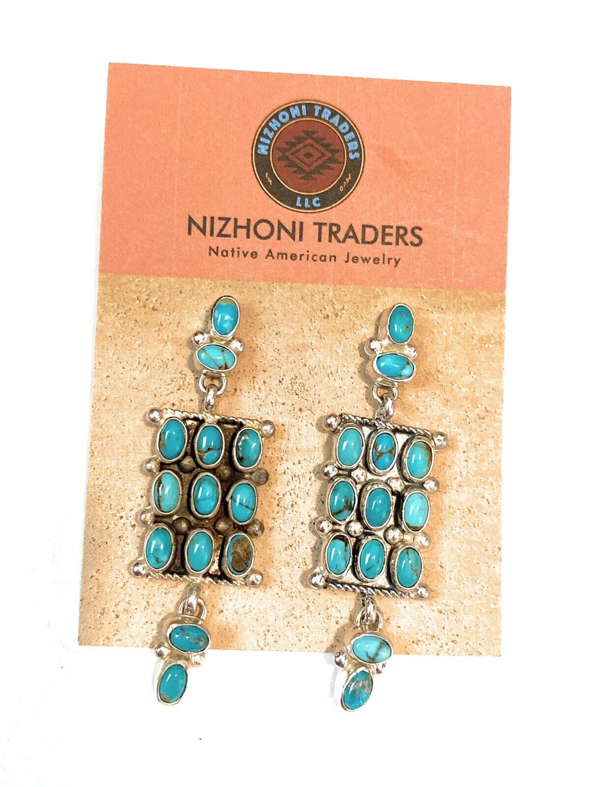 Handcrafted Turquoise & Sterling Silver Cluster Dangle Earrings Signed