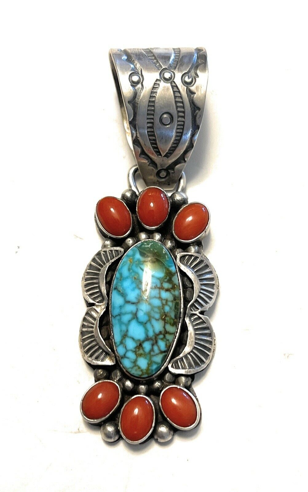 Handcrafted Sterling Kingman Web Turquoise & Red Coral Pendant Taos Collection