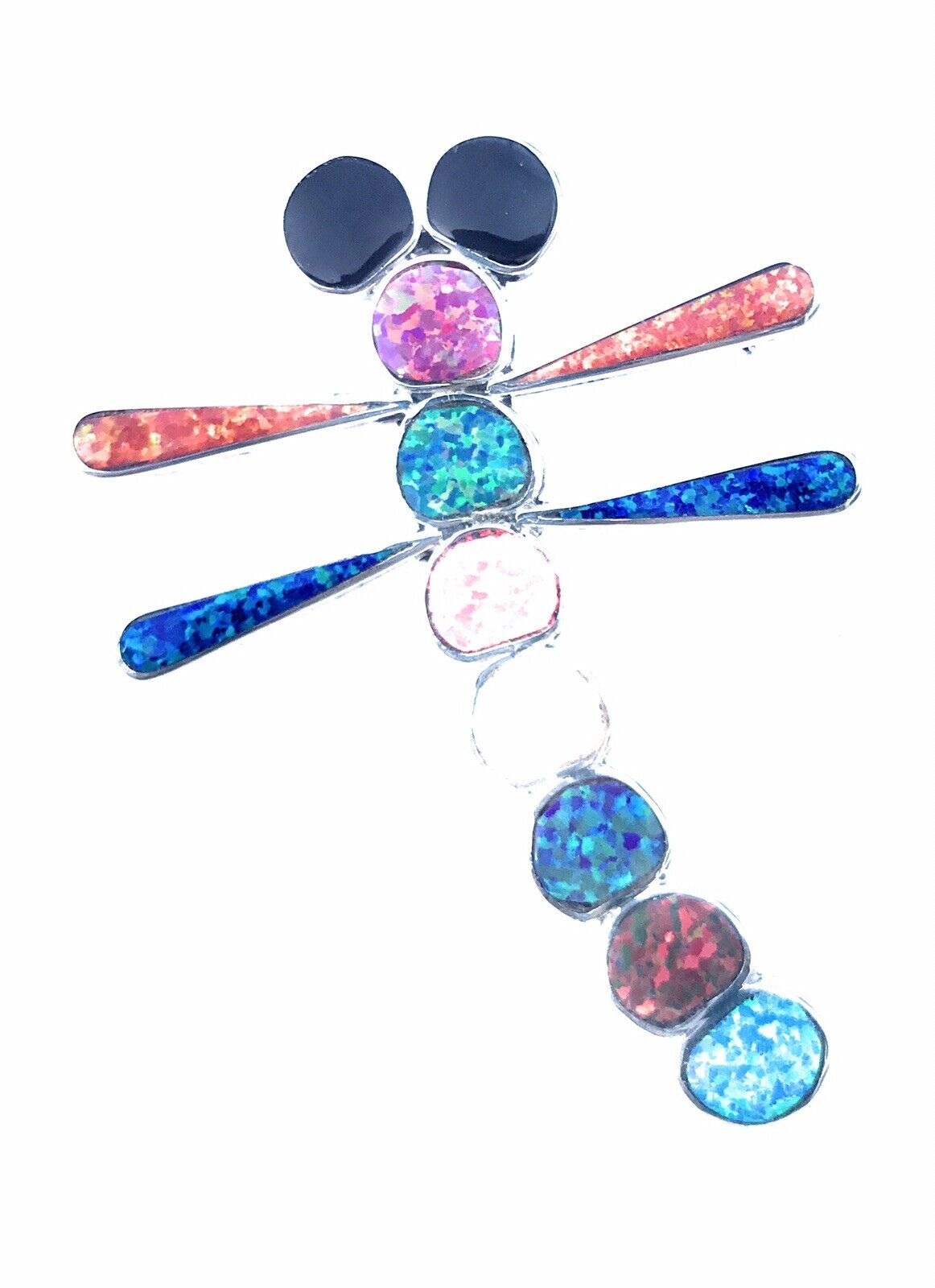 Handcrafted Sterling Silver & Multi Color Opal Stone Dragonfly Pendant Pin Signed