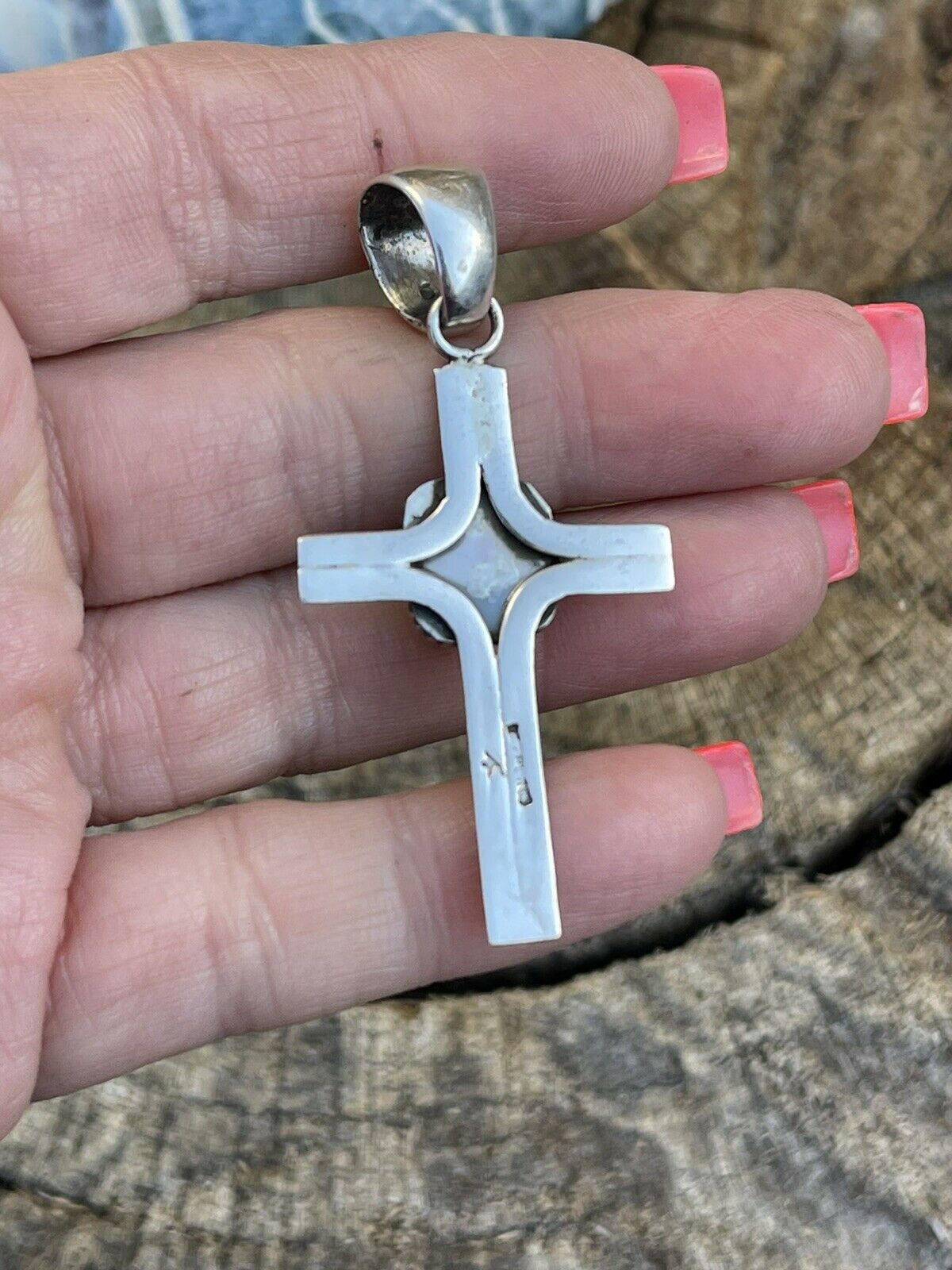 Navajo Sterling Silver & Orange Spiny Shell Cross Pendant Signed