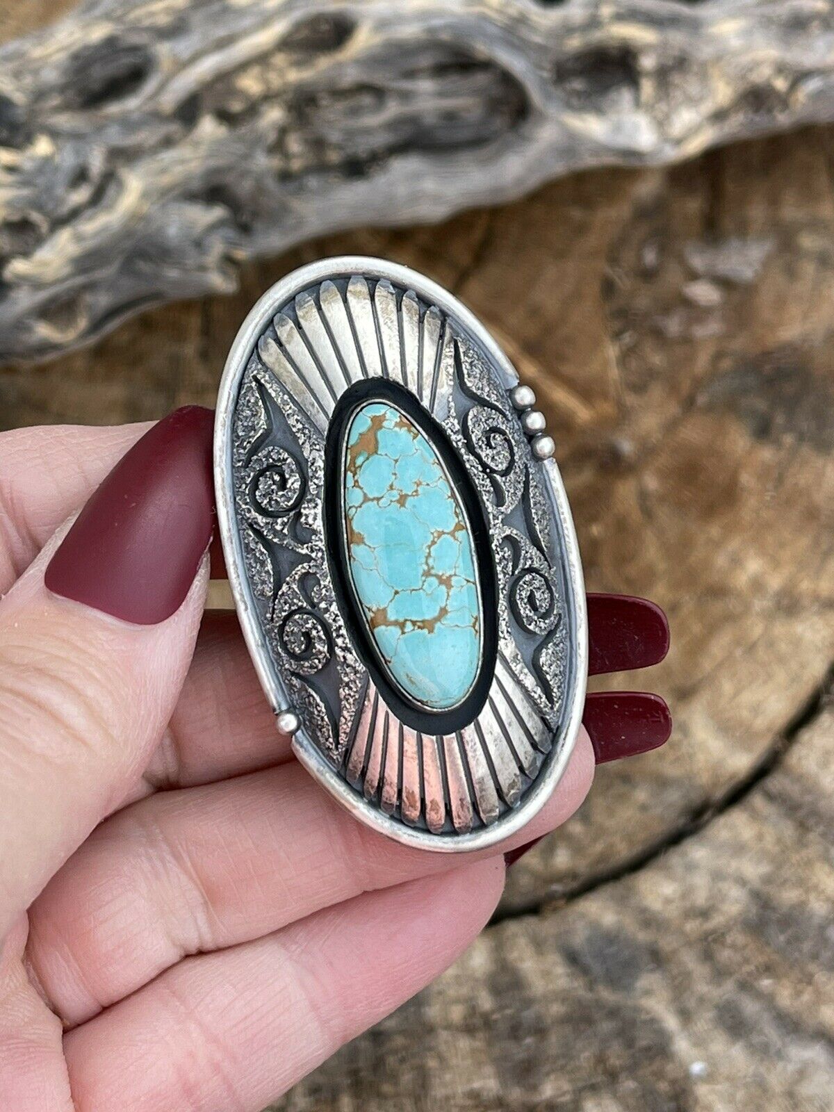 Handcrafted Number 8 Turquoise & Sterling Silver Statement Ring Size 8.5 Signed
