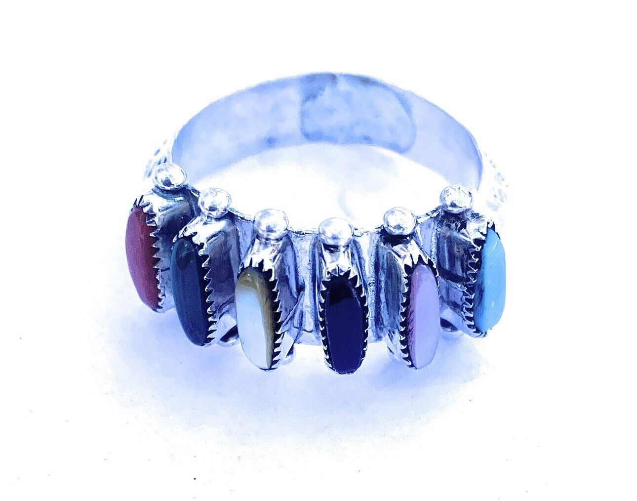Handcrafted Sterling Silver & Multi Stone Needlepoint Band Ring