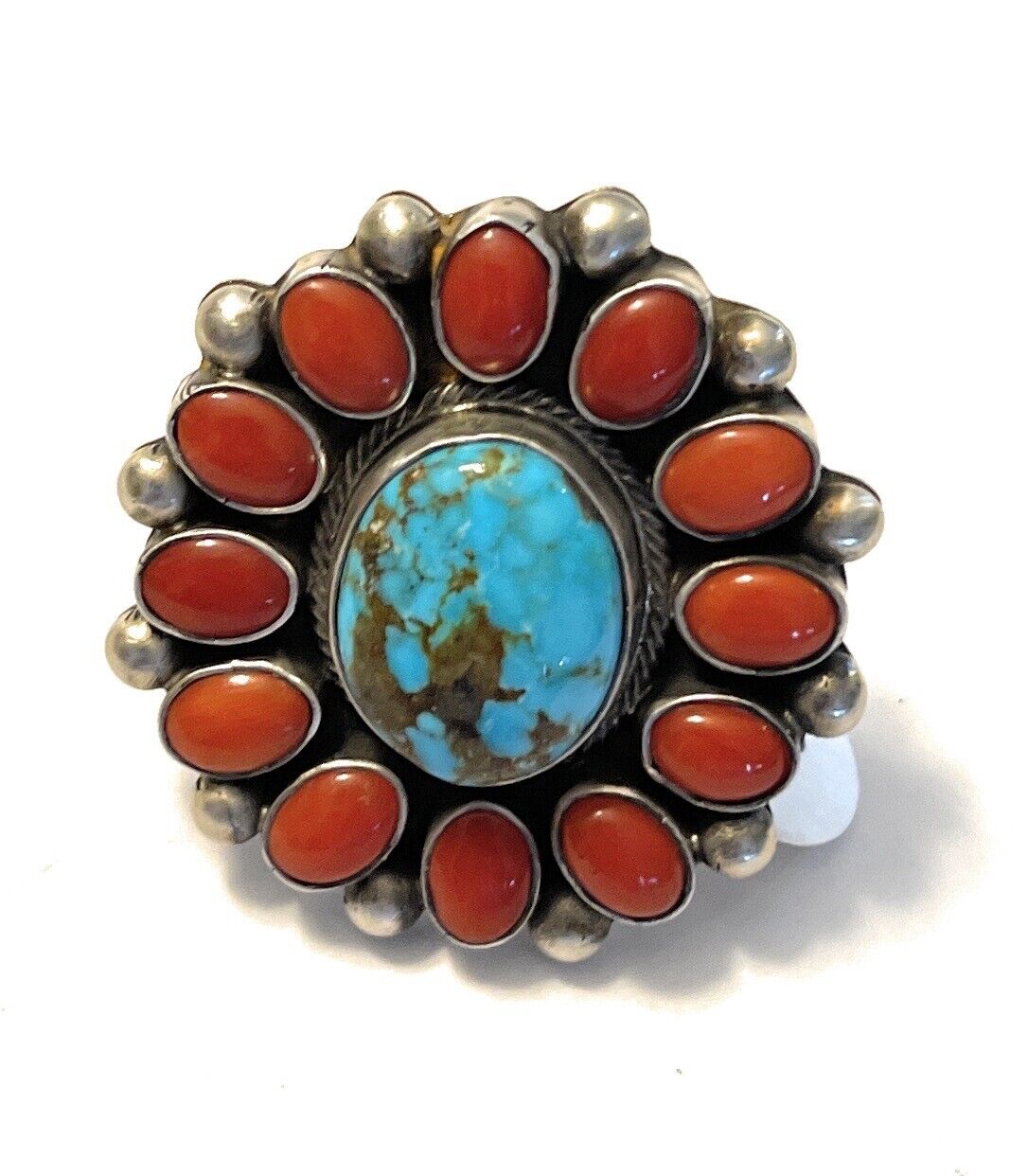 Handcrafted Sterling Silver Kingman Web Turquoise & Red Coral Taos Ring Sz 7.5