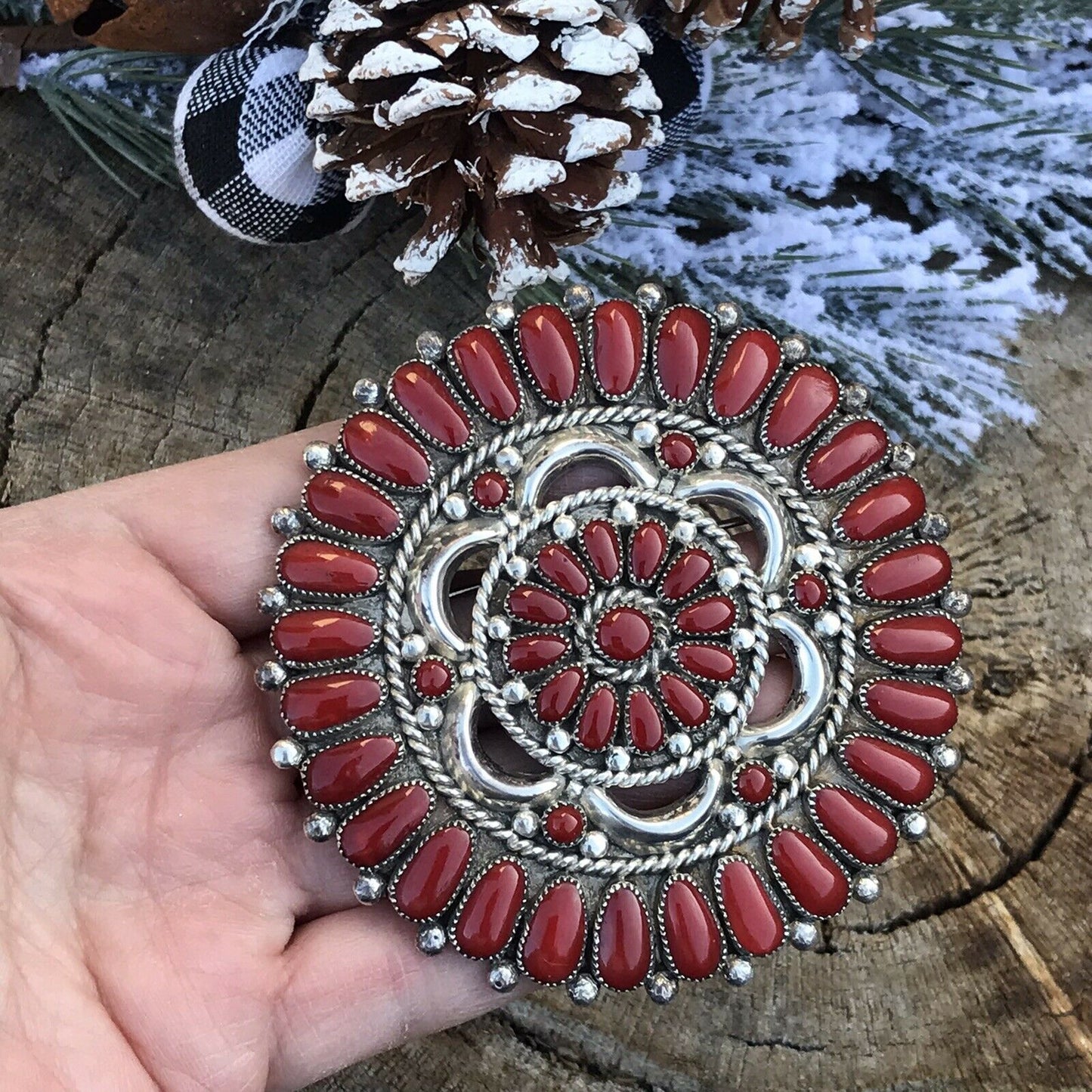 Handcrafted Jumbo Sterling Silver & Natural Red Coral Cluster Pendant/pin Signed