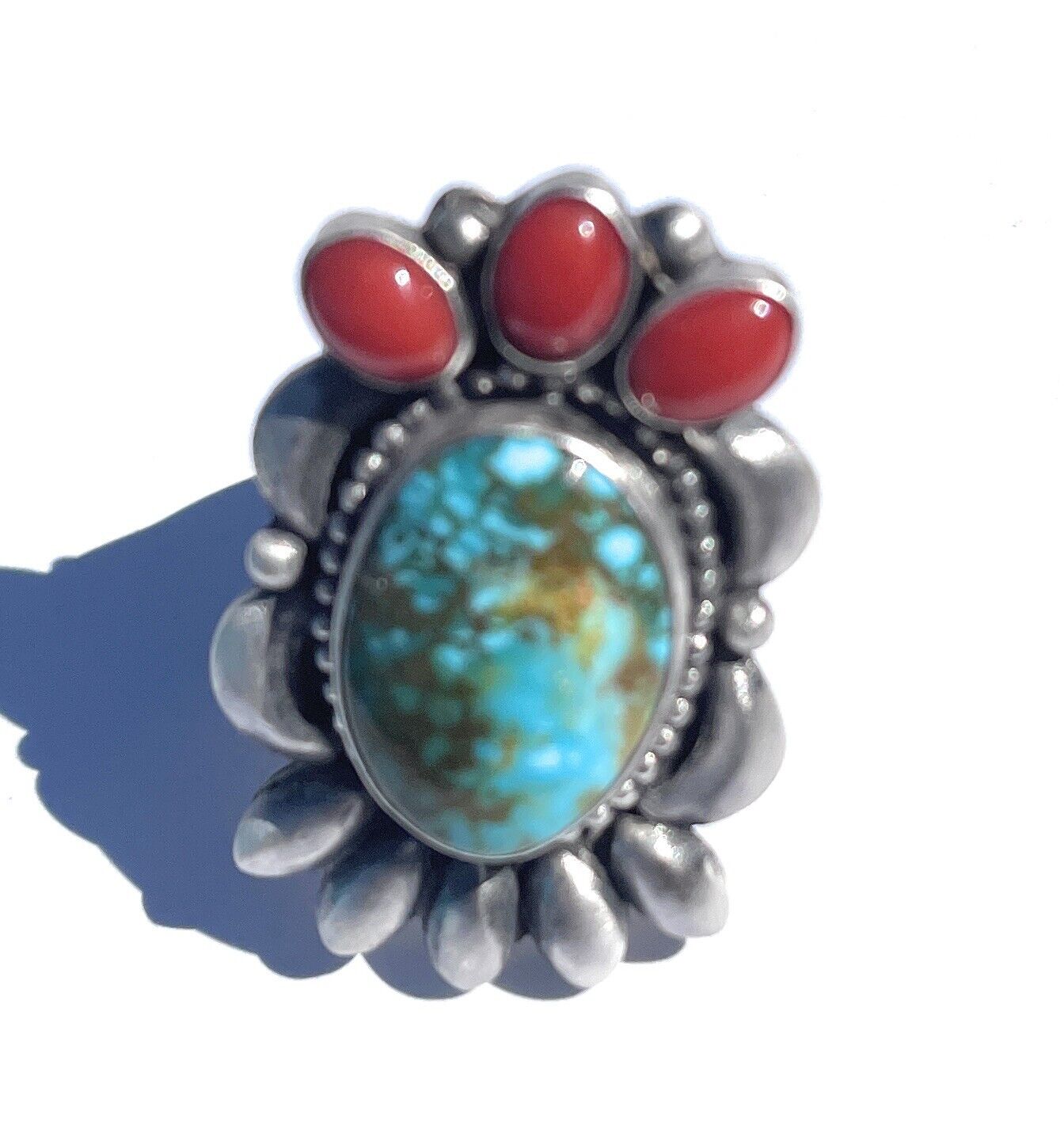 Handcrafted Sterling Kingman Web Turquoise & Red Coral Taos Collection Ring by Danny Clark, Sz 6.5