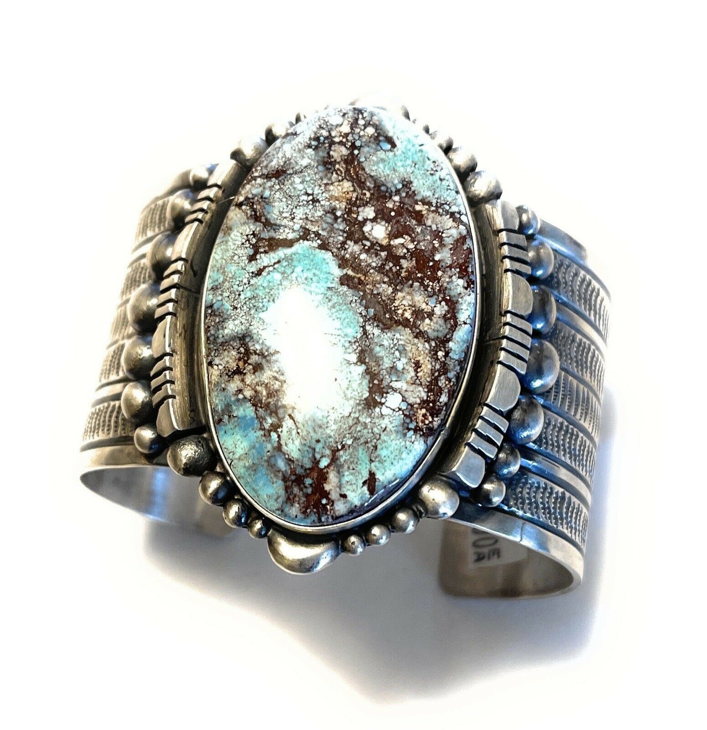 Handcrafted Handmade Sterling Silver & Number 8 Turquoise Signed Cuff Signed