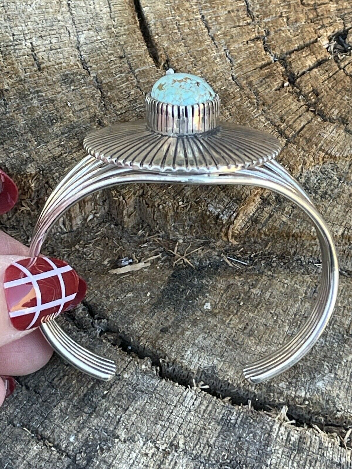 Handcrafted Sterling Silver & Number 8 Turquoise Signed Lined Cuff Signed