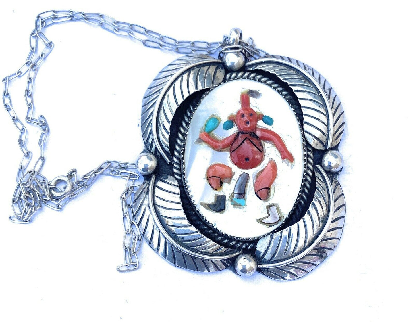 Vintage Handcrafted Multi Stone & Sterling Silver Inlay Mud Head Necklace Signed