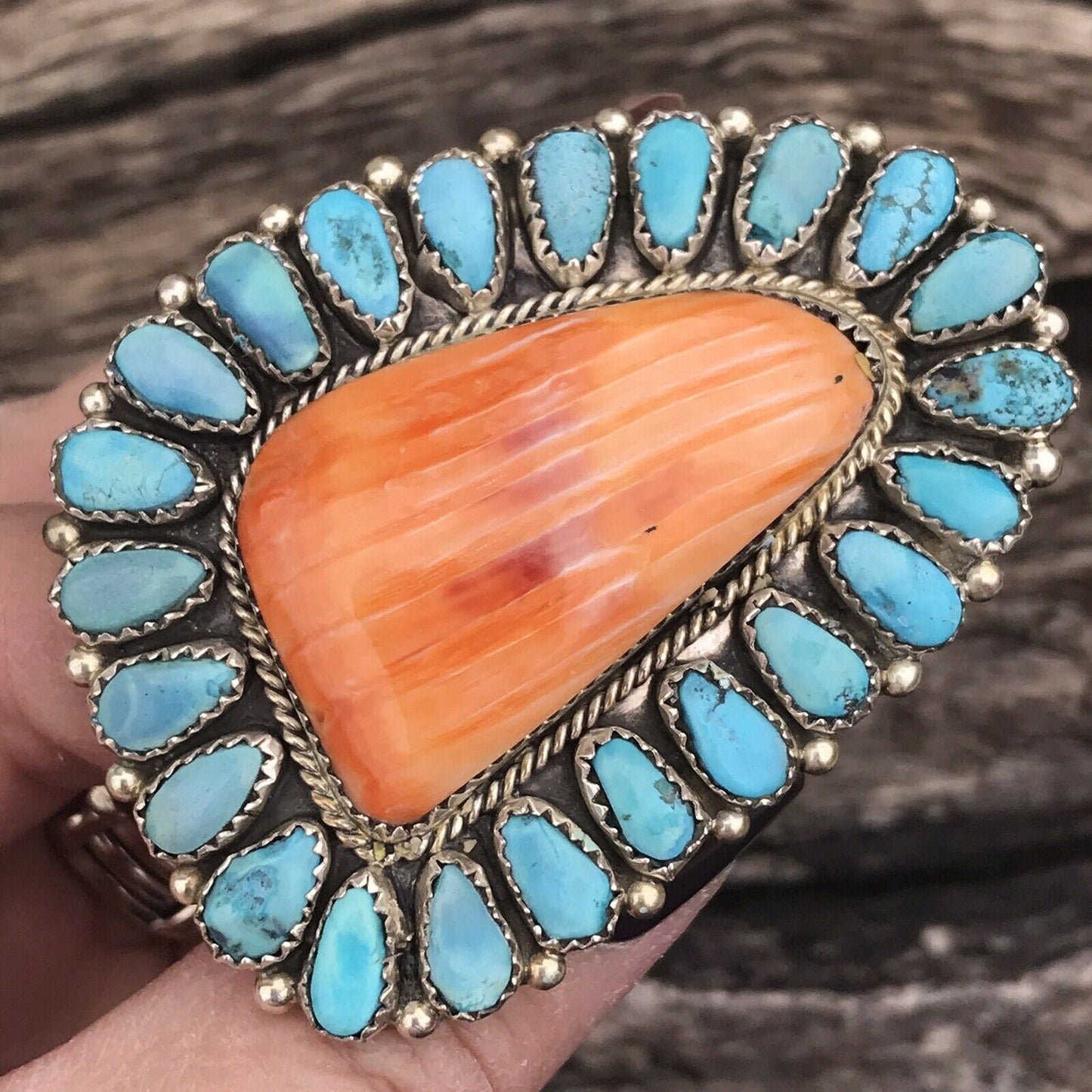 Navajo Sterling Silver, Turquoise & Orange Spiny Oyster Ring Sz 8