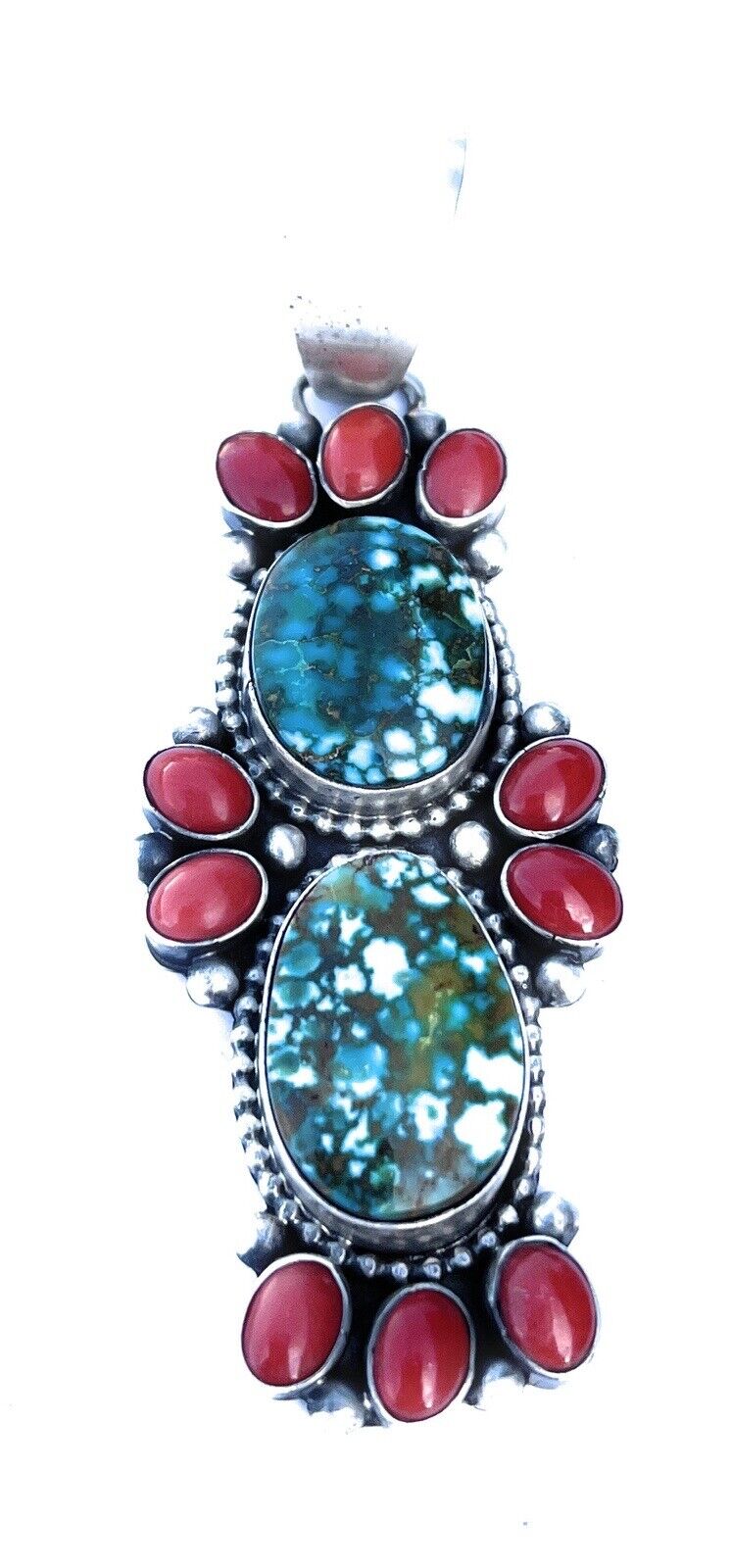 Handcrafted Sterling Kingman Web Turquoise & Red Coral Taos Pendant Bea Tom