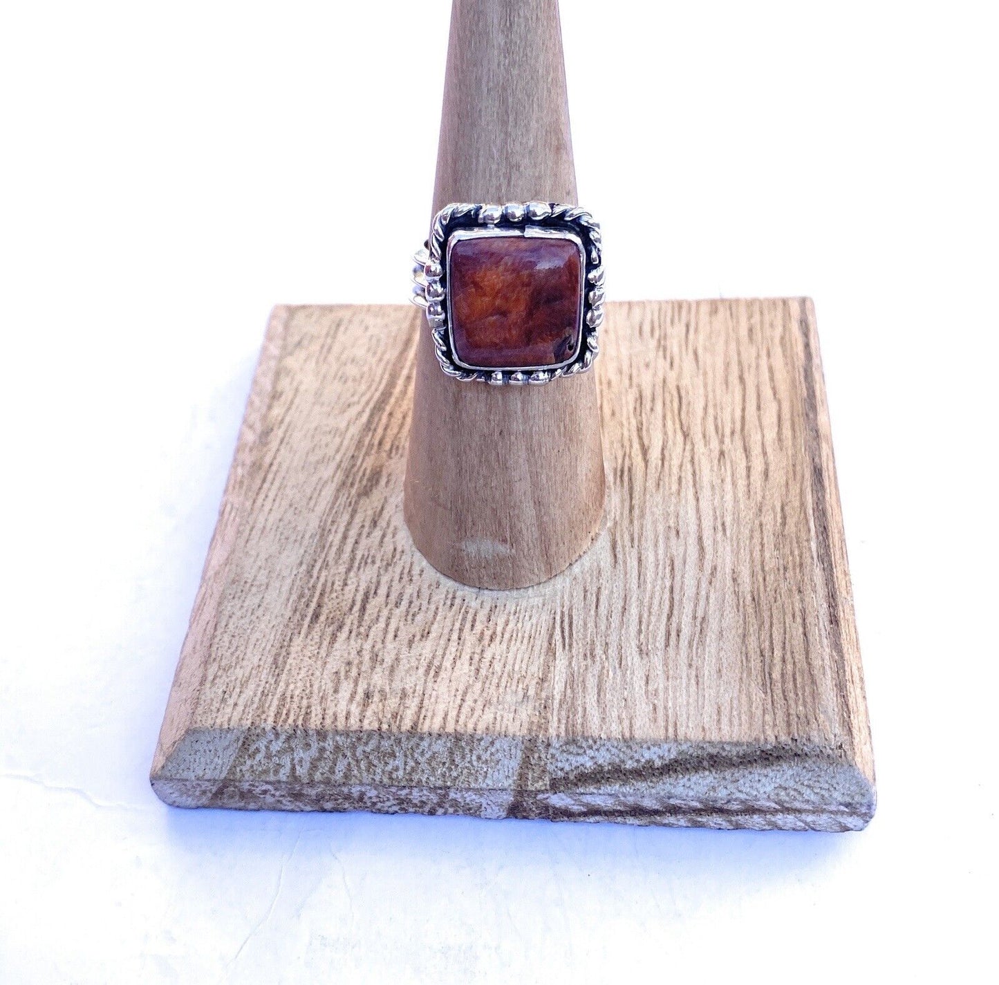 Handcrafted Sterling Silver & Orange Spiny Ring Size 6