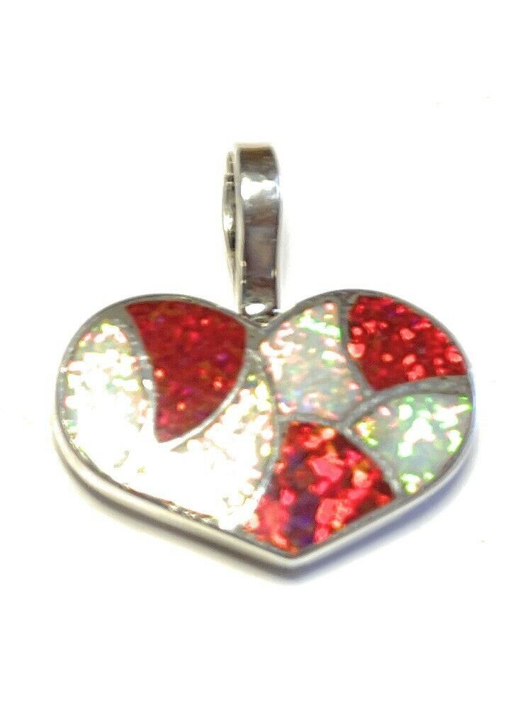 Handcrafted Iridescent Red Candy Cane Opal & Sterling Silver Heart Pendant