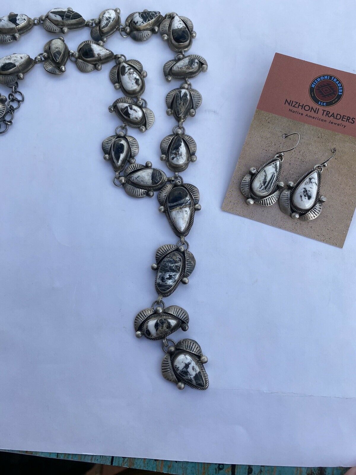 Handcrafted White Buffalo & Sterling Lariat Necklace Set Signed