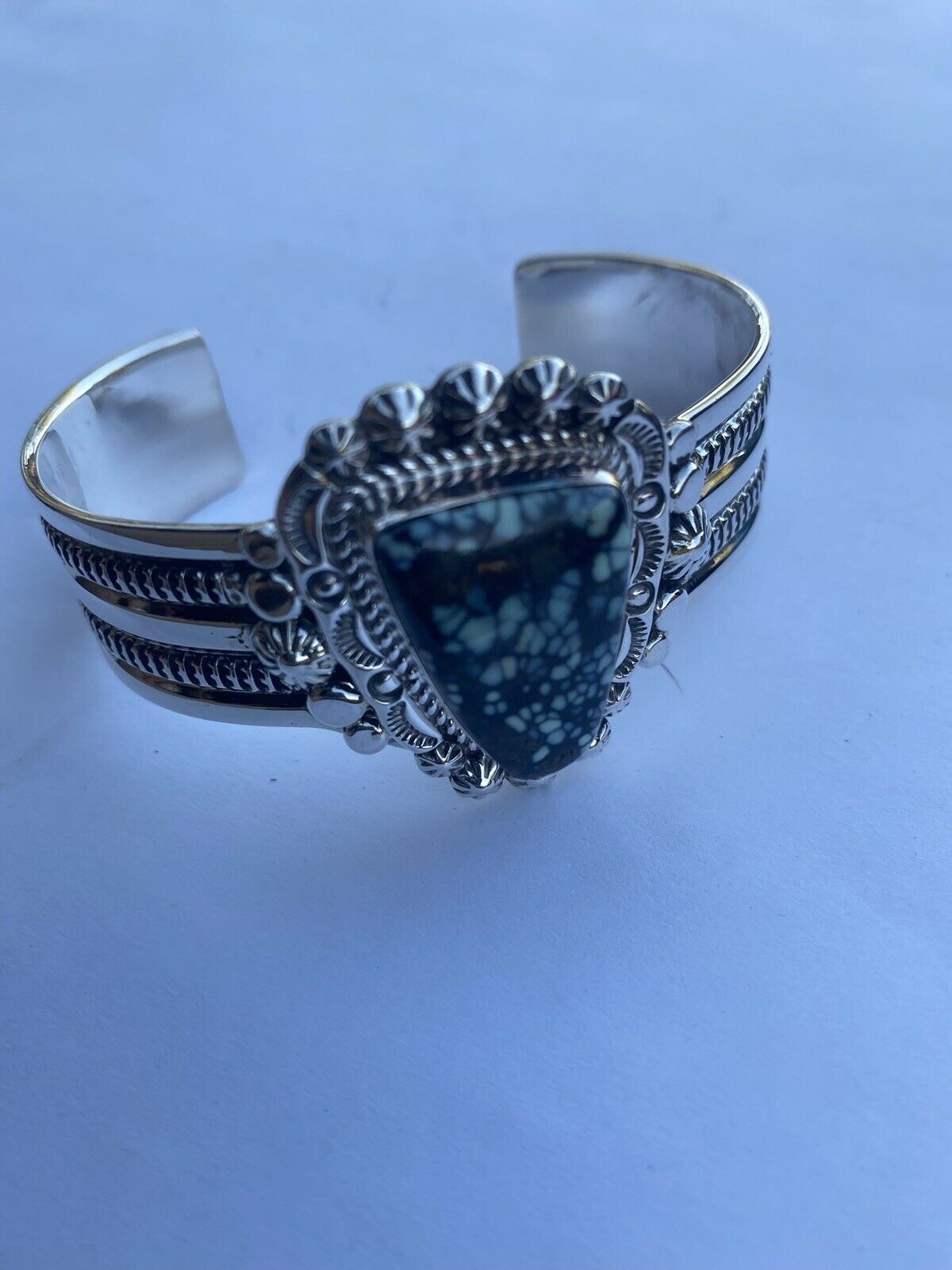 Handcrafted New Lander Turquoise & Sterling Silver Bracelet Cuff Signed