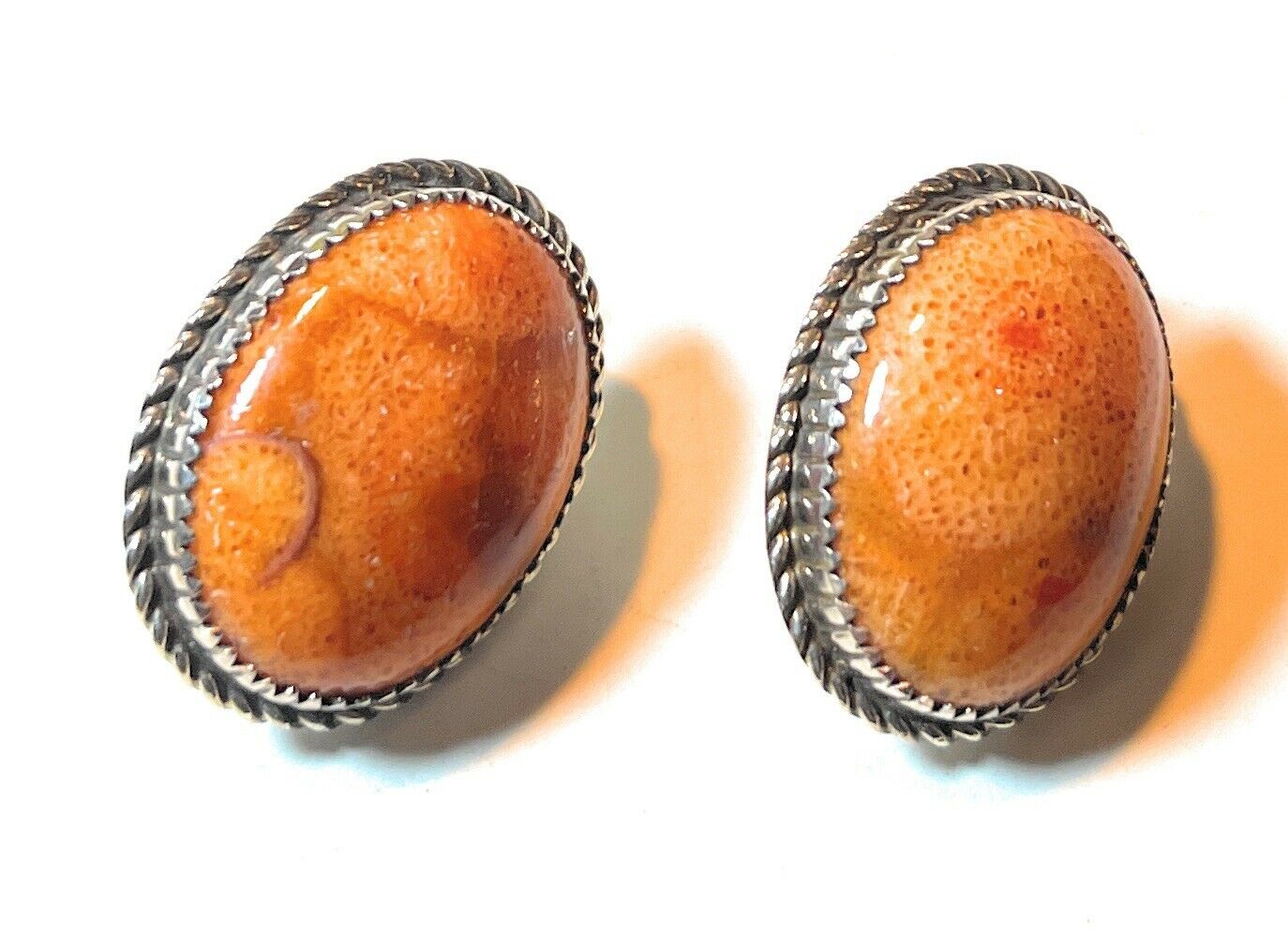 Handcrafted Sterling Silver Apple Coral Oval Post Earrings