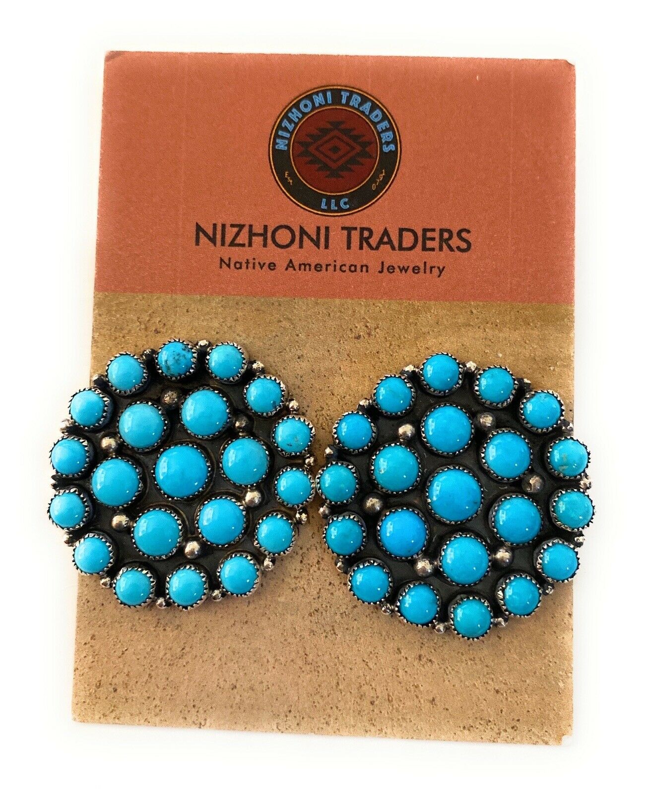 Handcrafted Sleeping Beauty Turquoise & Sterling Silver Cluster Stud Earrings Signed