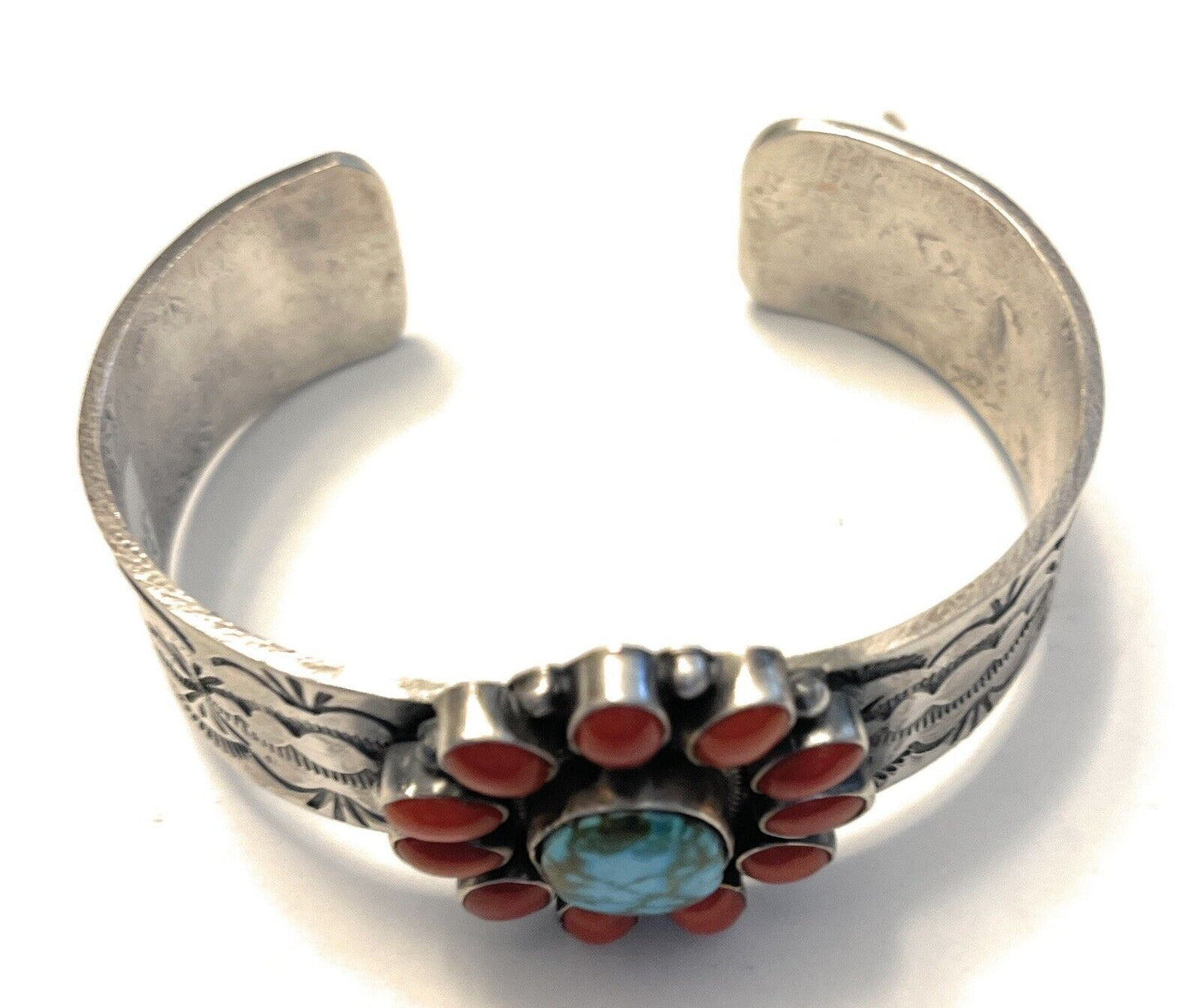Handcrafted Sterling Kingman Web Turquoise & Red Coral Taos Bracelet Cuff by Bobby Johnson /