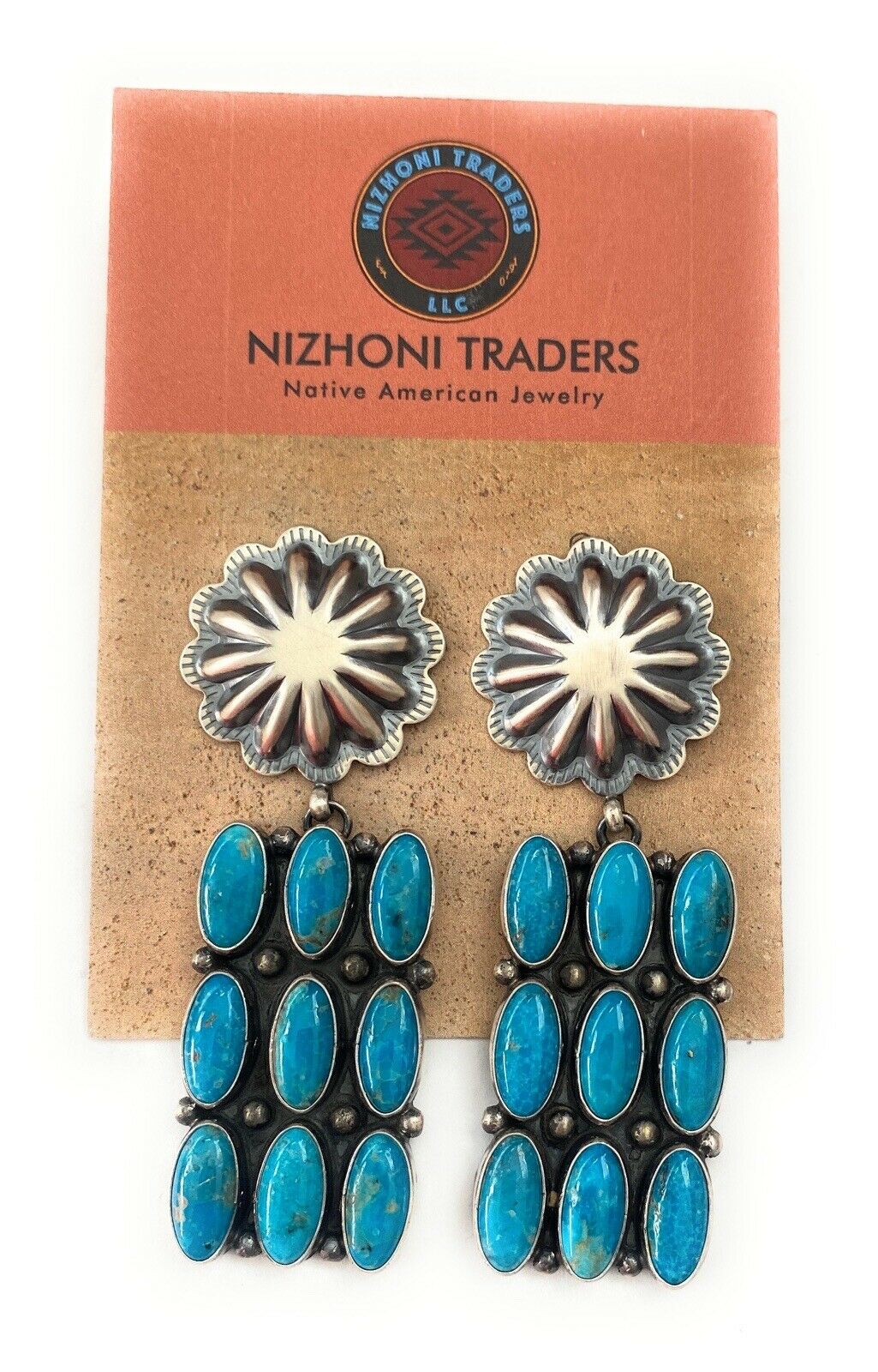 Handcrafted Turquoise & Sterling Silver Cluster Dangle Earrings Signed