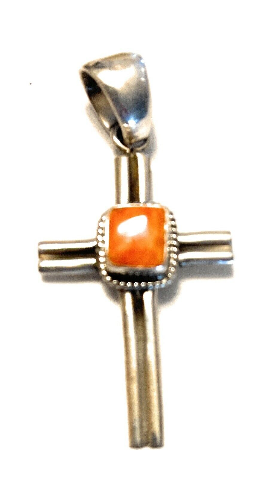 Navajo Sterling Silver & Orange Spiny Shell Cross Pendant Signed