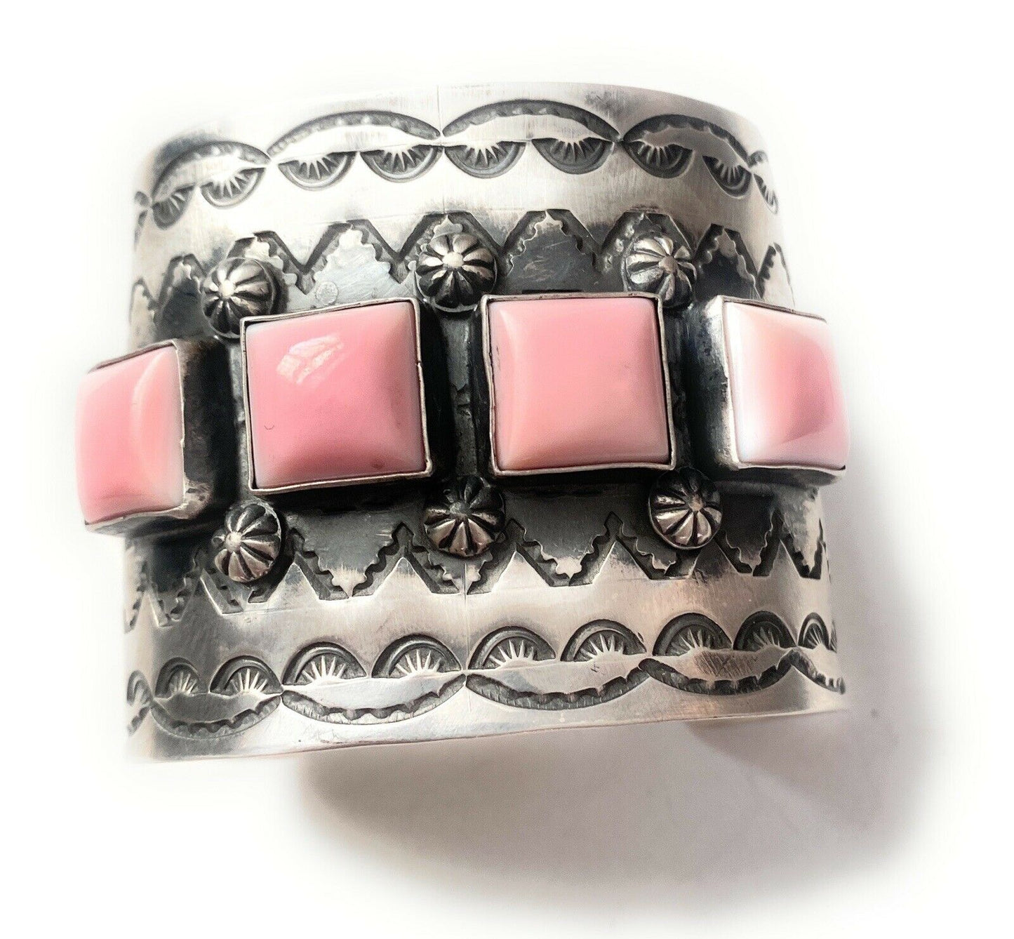 Navajo Queen Pink Conch Shell & Sterling Silver Cuff Bracelet Signed