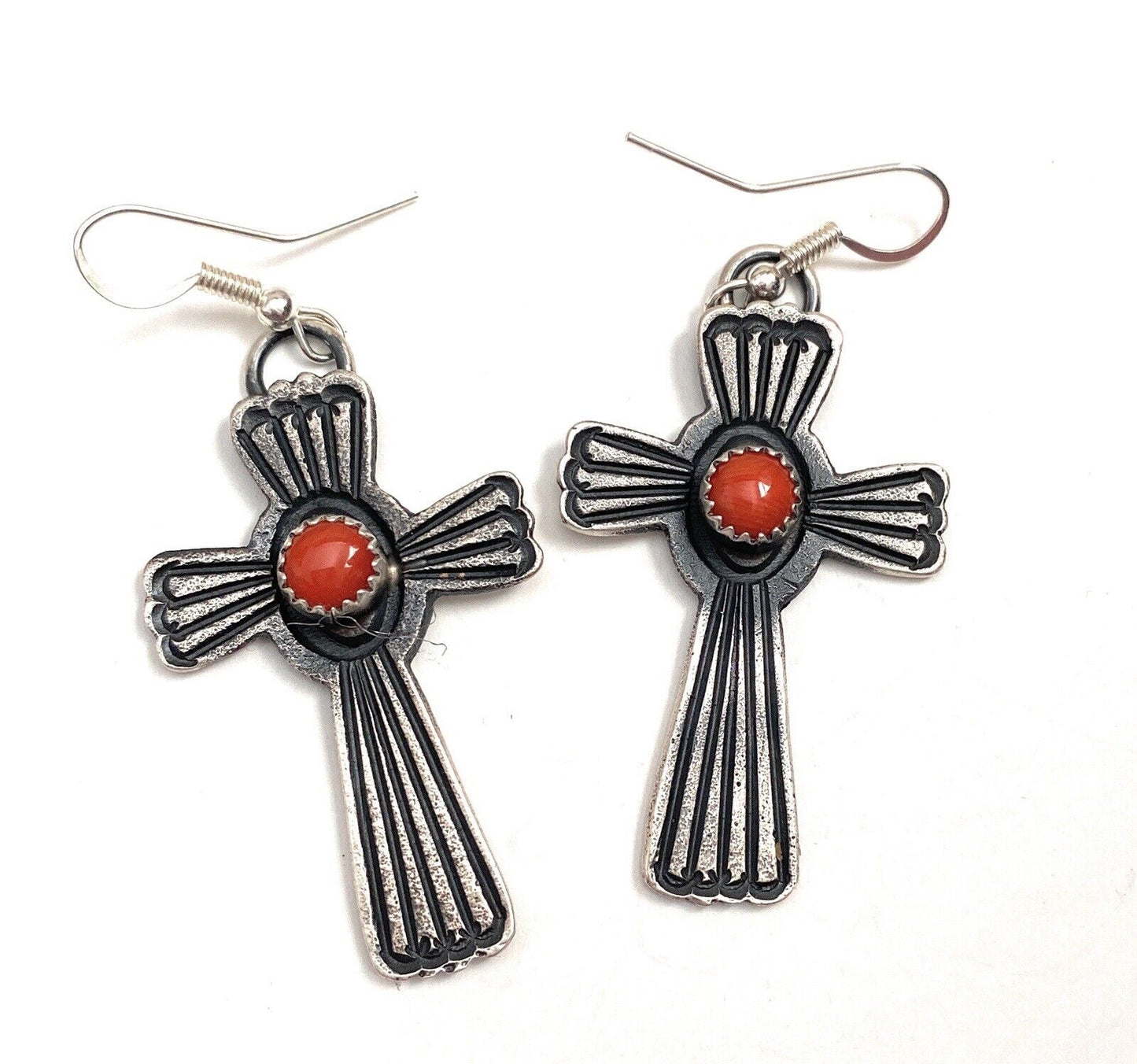Handcrafted Coral & Sterling Silver Cross Dangle Earrings By Kevin Billah
