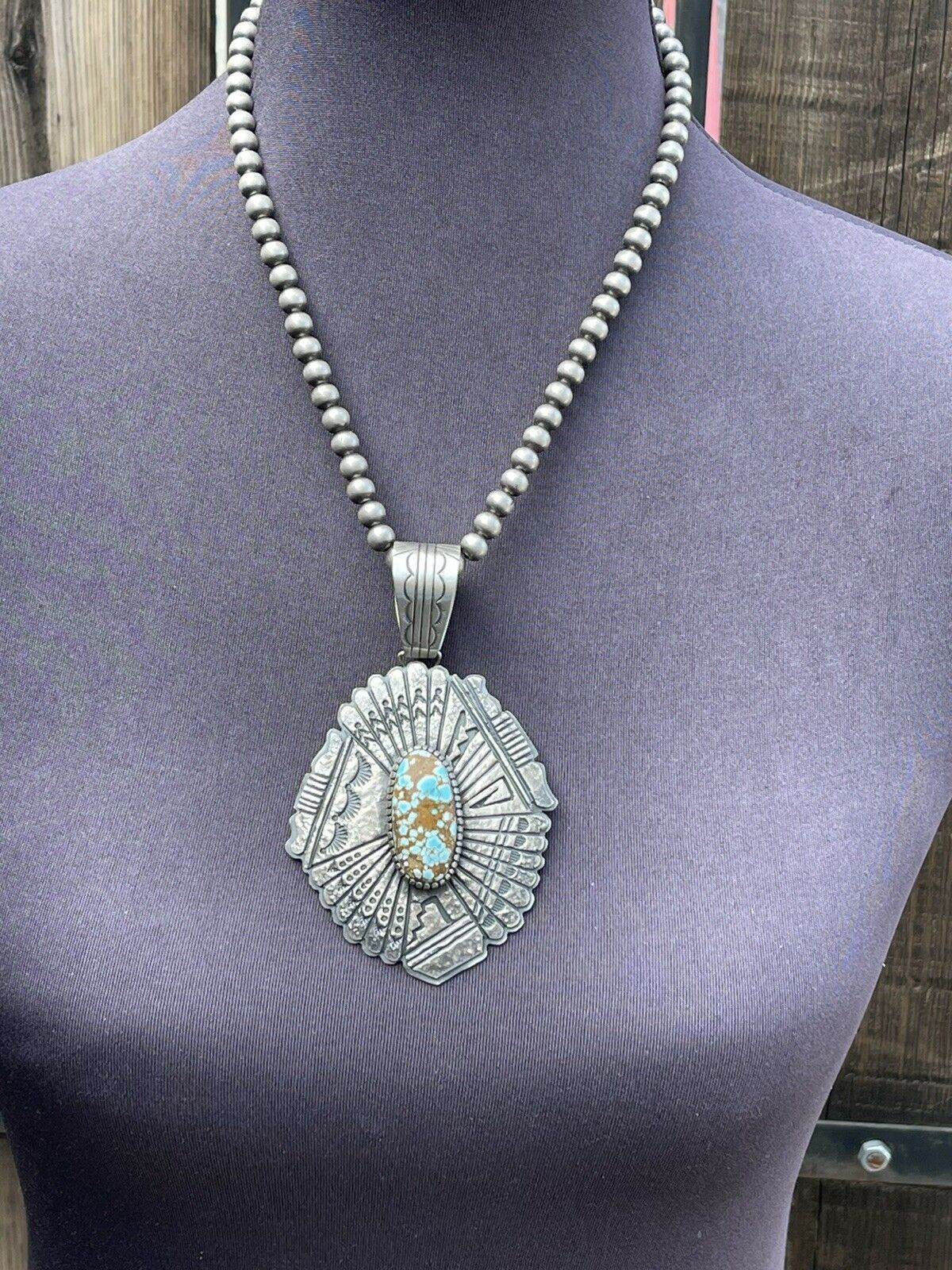 Navajo Number 8 Turquoise & Sterling Tufa Cast Jumbo Pendant Signed