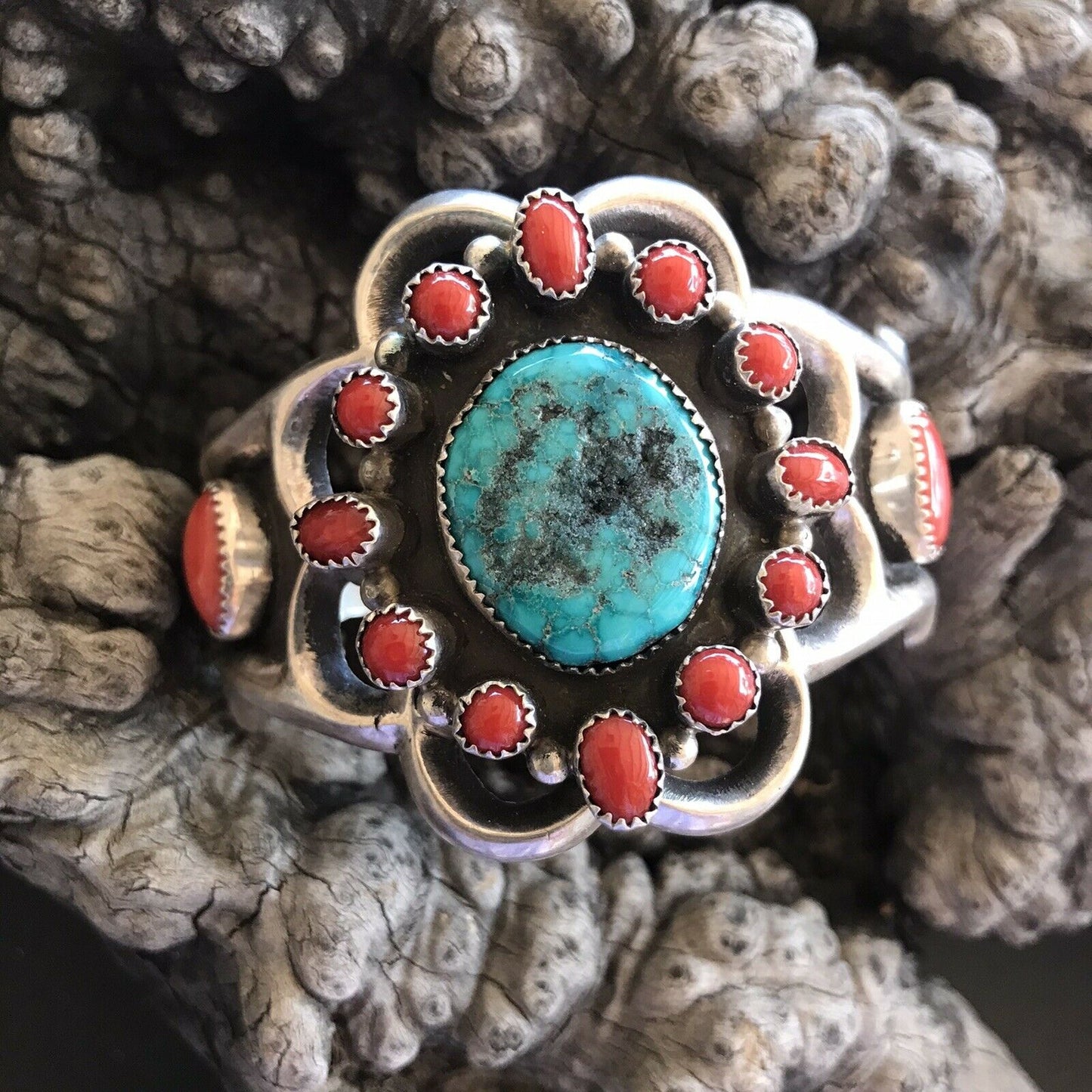 Navajo Sterling Statement Kingman Turquoise & Natural Red Coral Bracelet Cuff