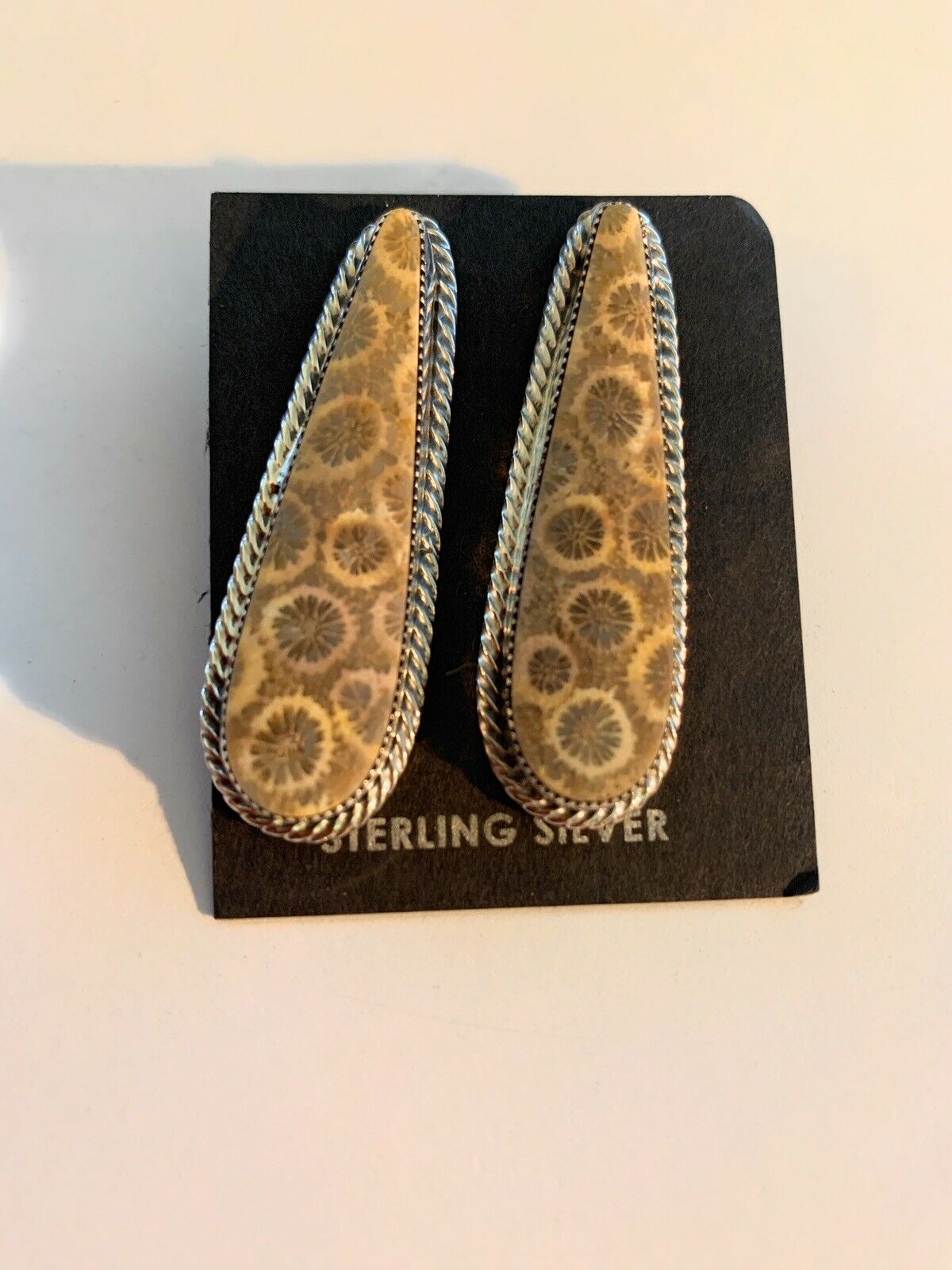 Handcrafted Fossilized Coral & Sterling Silver Post Earrings Signed