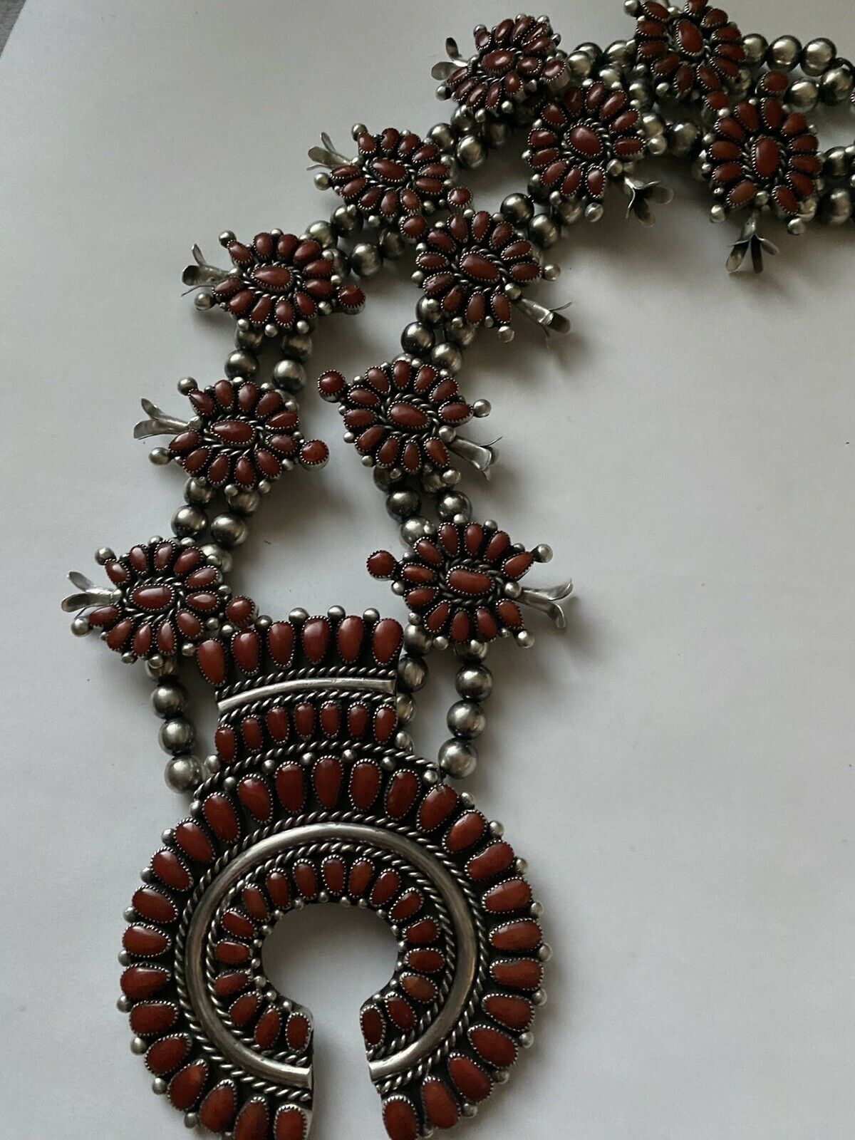 Old Pawn Alice Quam 1970s Natural Coral & Sterling Silver Squash Blossom Necklace