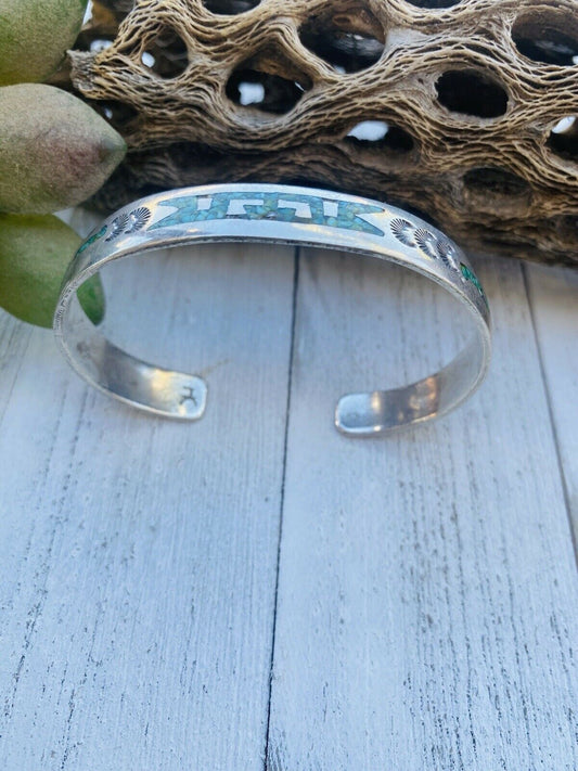 Handcrafted Vintage Turquoise, Coral & Sterling Silver Inlay Cuff Bracelet /