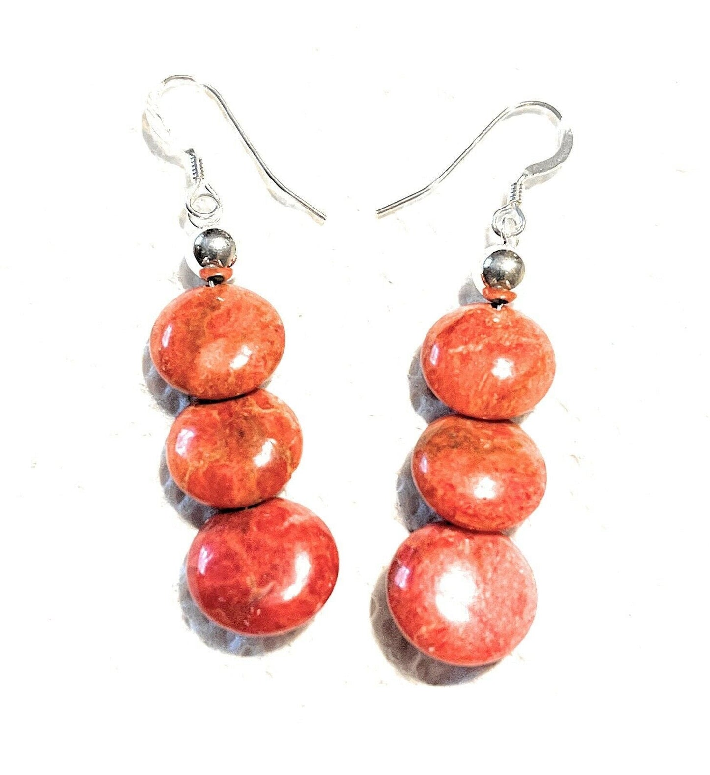 Handcrafted Sterling Silver Apple Coral 3 Bead Dangle Earrings