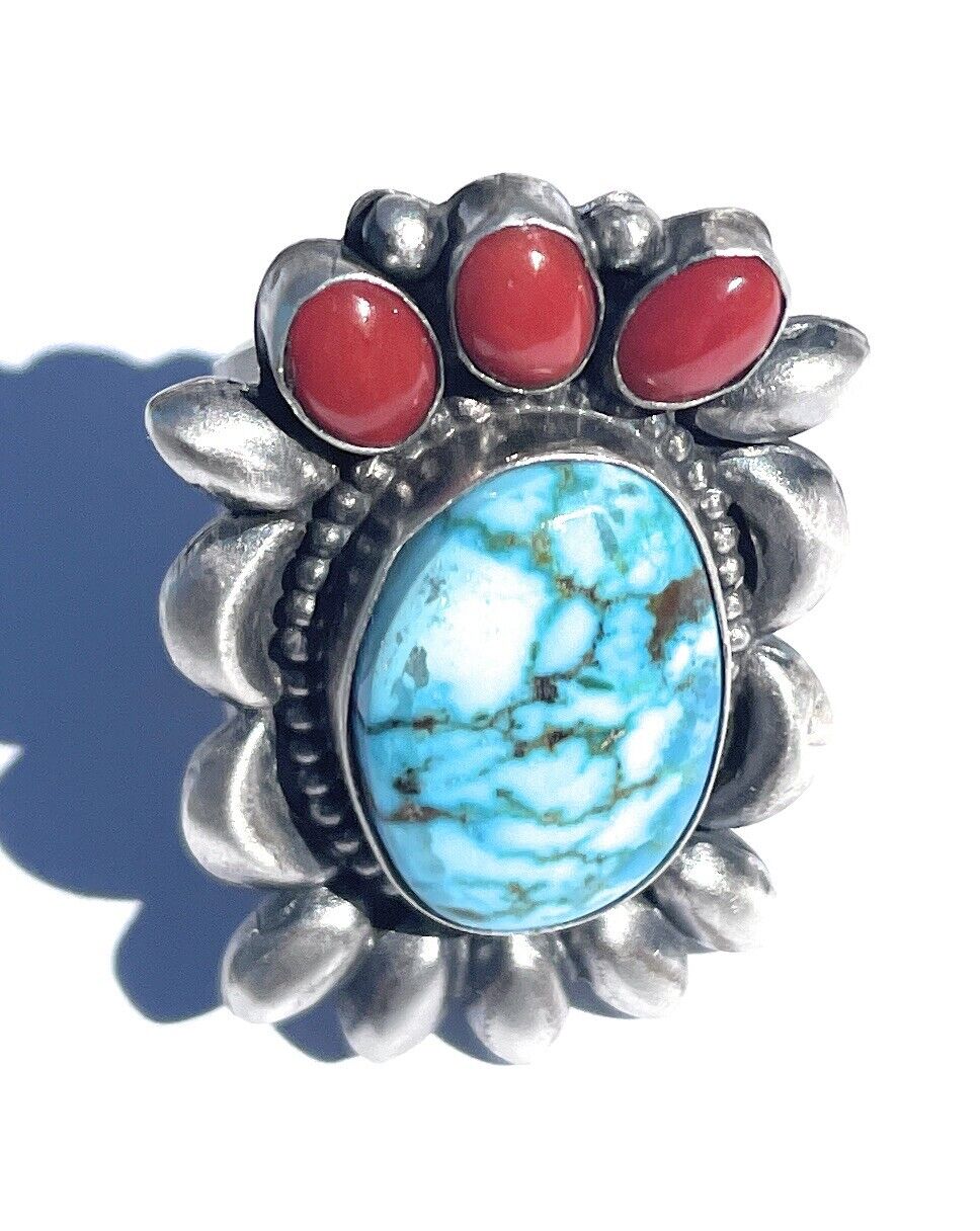 Handcrafted Sterling Kingman Web Turquoise & Red Coral Taos Collection Ring by Danny Clark, Sz 6.5