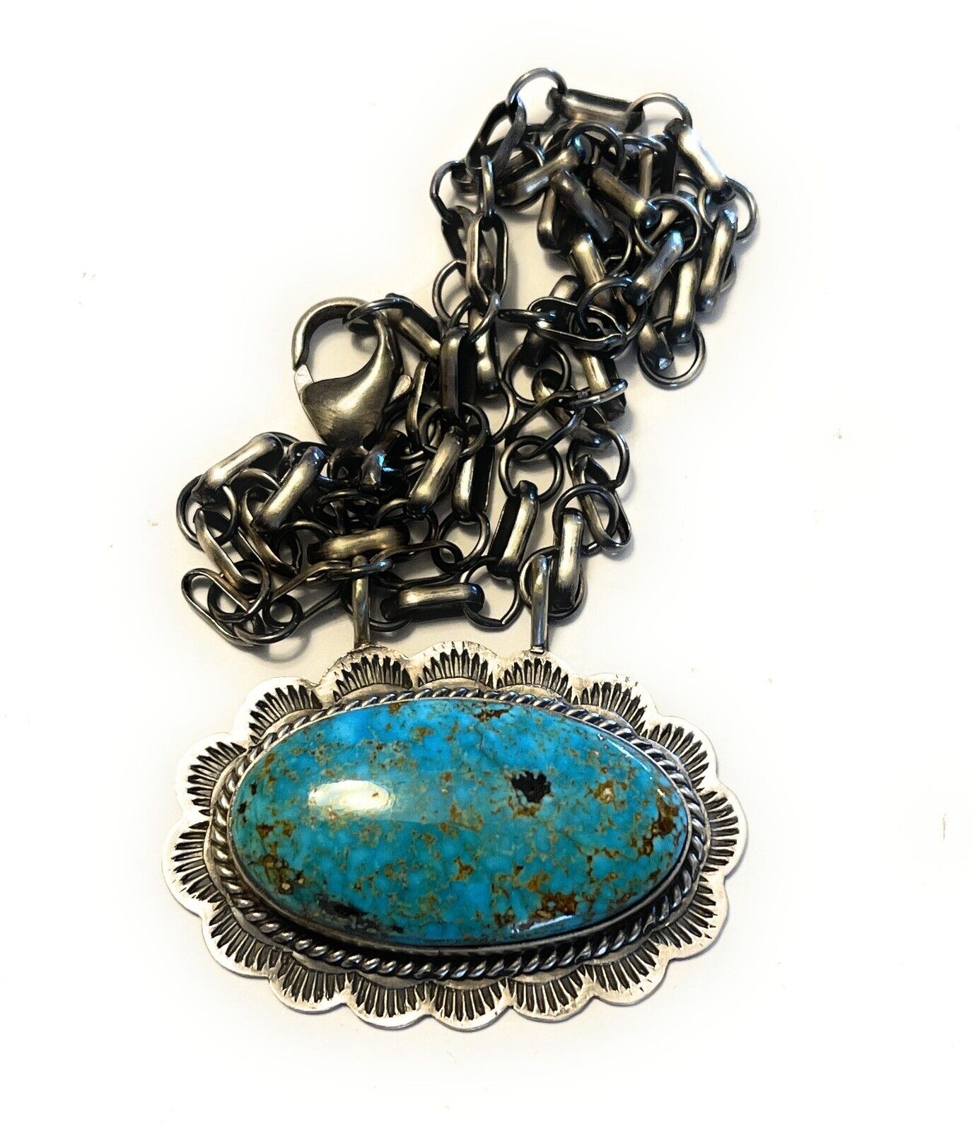 Handcrafted Sterling Silver & Royston Turquoise Stone Southwest Necklace Signed