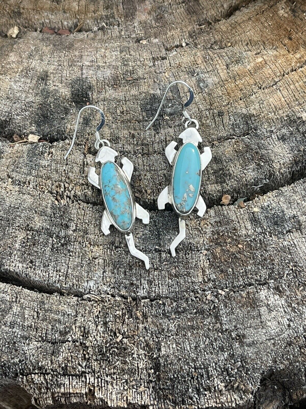Navajo Sterling Silver Turquoise Stone Gecko Dangle Earrings Signed
