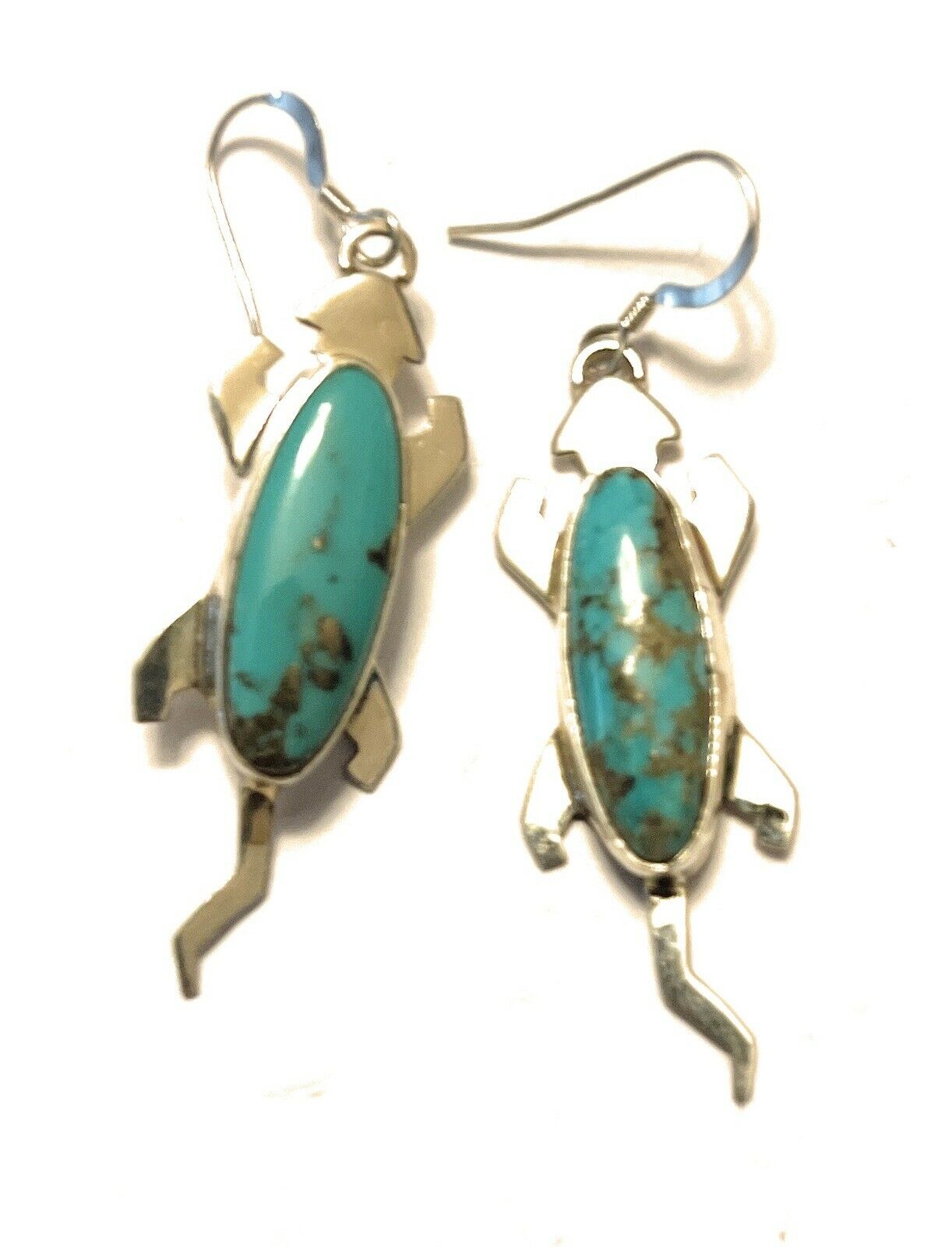 Navajo Sterling Silver Turquoise Stone Gecko Dangle Earrings Signed