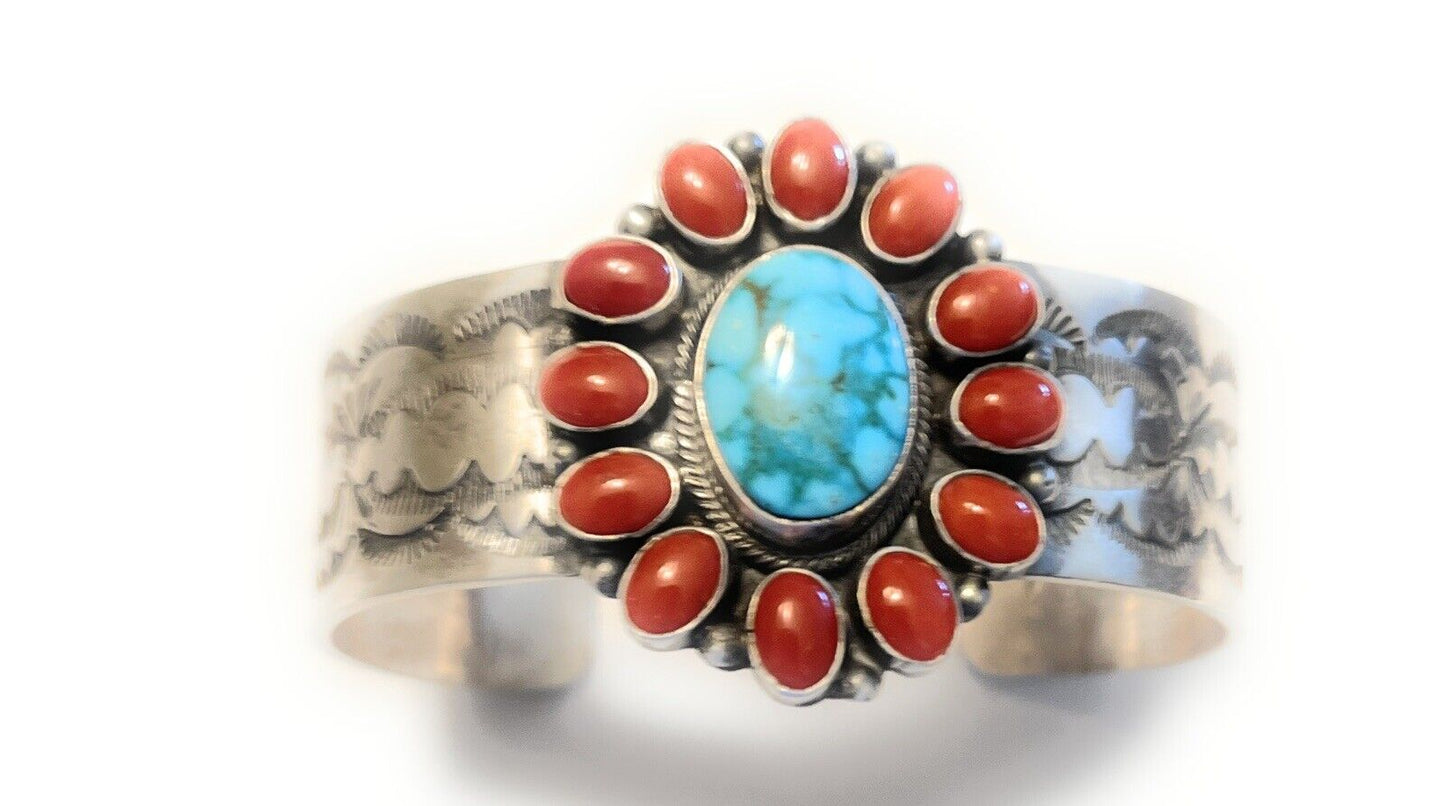 Handcrafted Sterling Kingman Web Turquoise & Red Coral Taos Bracelet Cuff by Bobby Johnson /