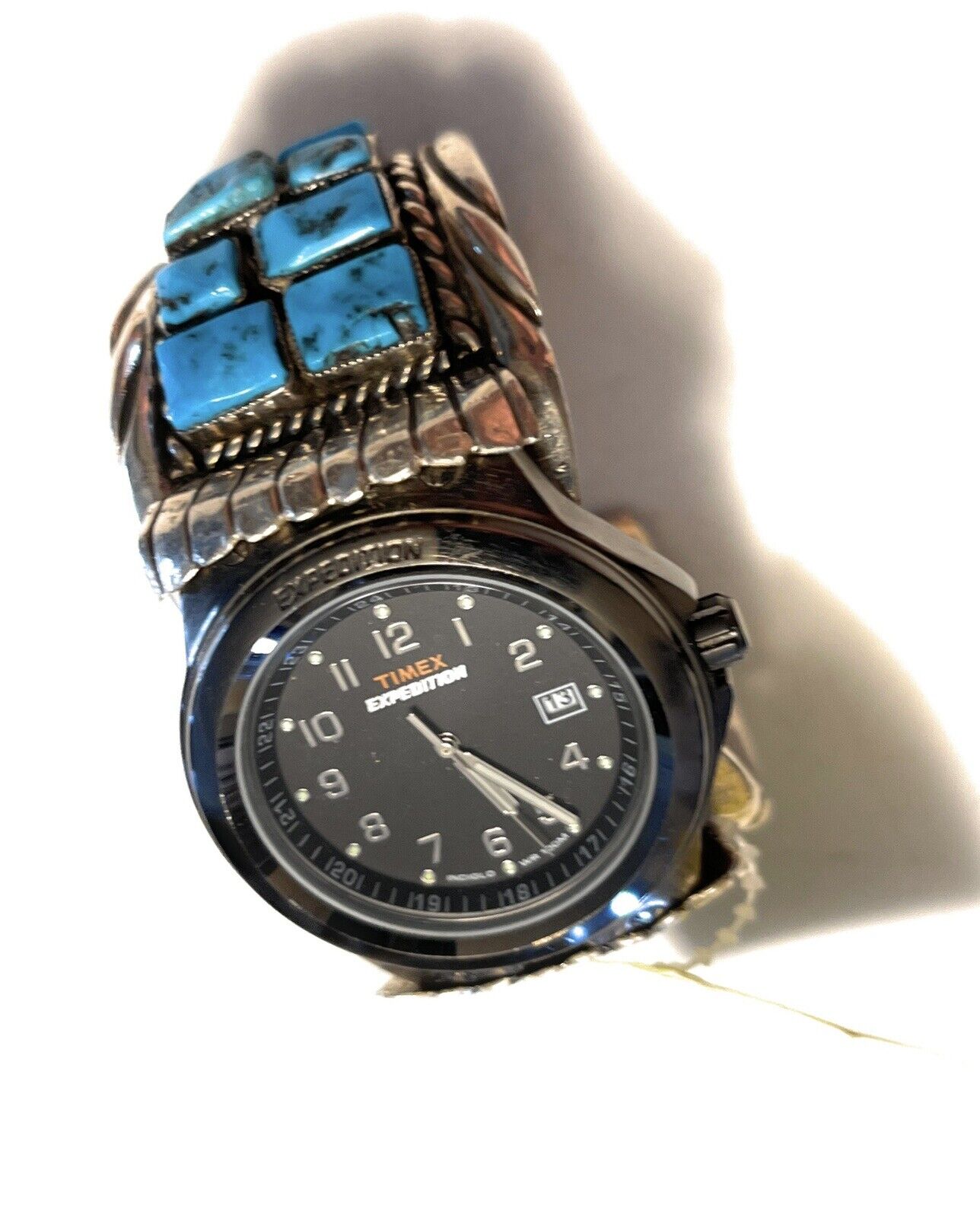 Vintage Navajo Sterling Silver & Kingman Turquoise Non Working Watch Bracelet