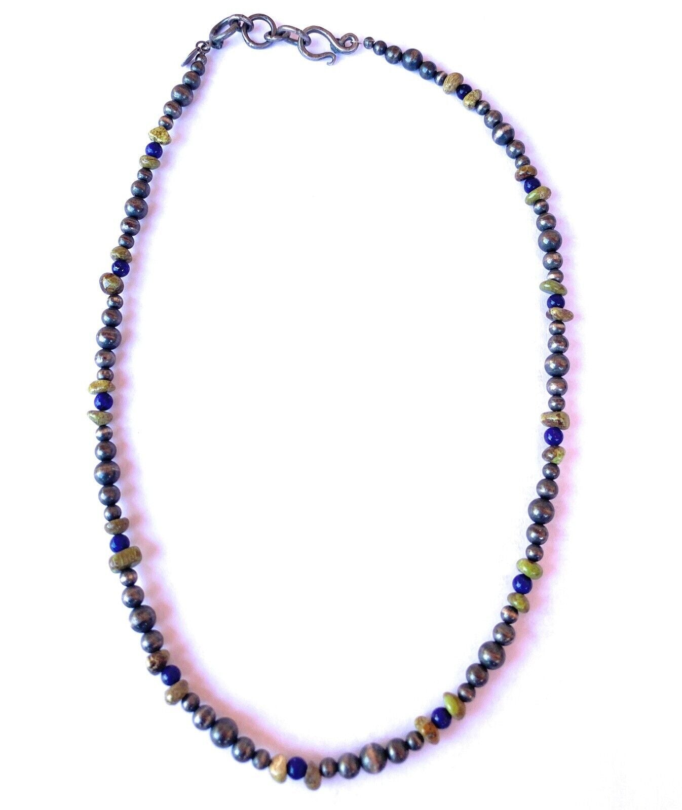 Handcrafted Lapis, Gaspeite And Sterling Silver Handcrafted Pearl Beaded Necklace
